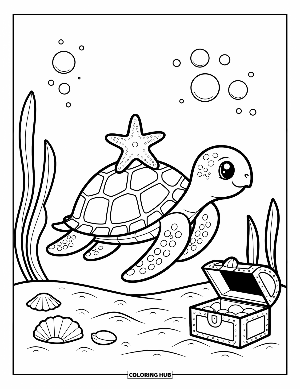 Kolorowanka ze zwierzętami oceanicznymi dla dorosłych: Żółw niesie rozgwiazdę na grzbiecie nad muszlami i skarbami, a bąbelki w kształcie serc unoszą się