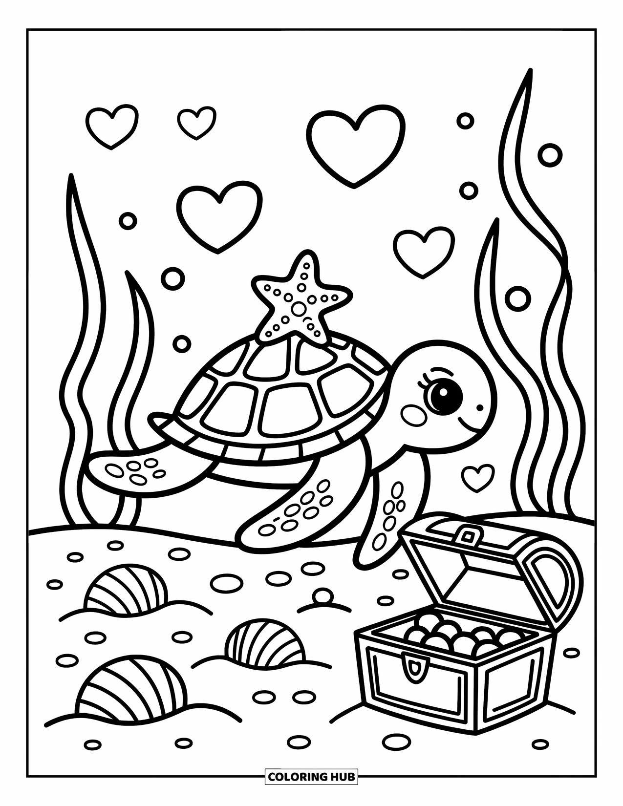 Kolorowanka ze zwierzętami oceanicznymi dla dorosłych: Żółw unosi się delikatnie z rozgwiazdą w pobliżu muszelek, wodorostów i skrzyni skarbów