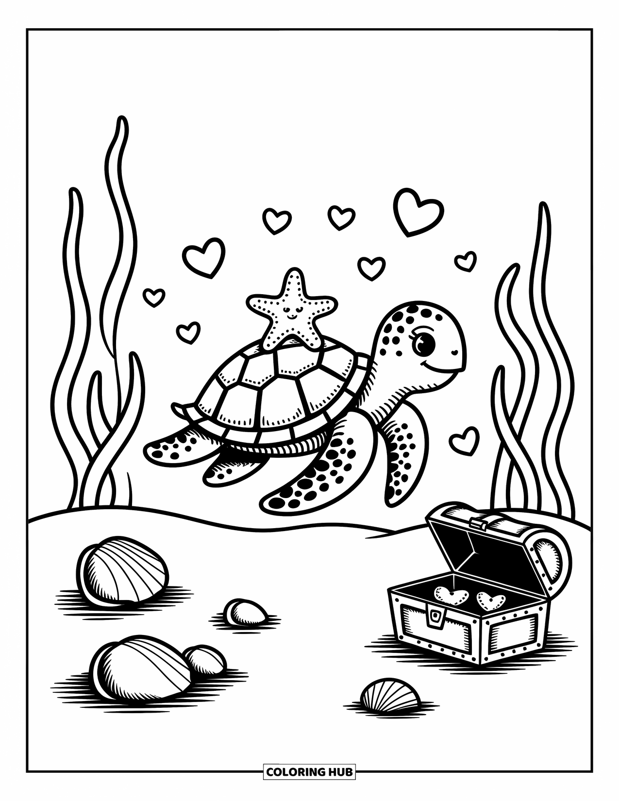 Kolorowanka ze zwierzętami oceanicznymi dla dorosłych: Żółw pływa z maleńką rozgwiazdą i serduszkami w przytulnej podwodnej scenerii