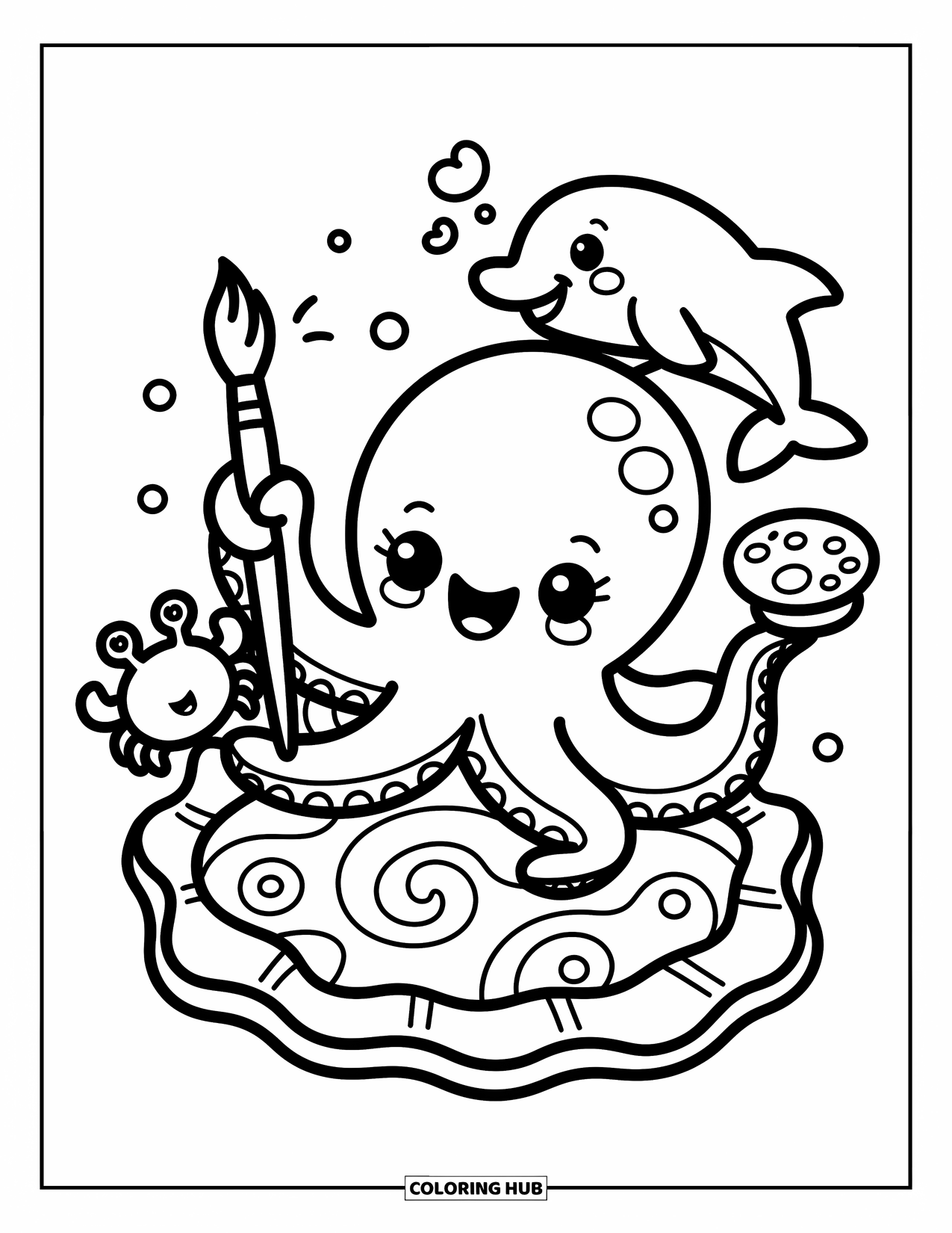 Kolorowanka ze zwierzętami oceanicznymi dla dorosłych: Artystyczna ośmiornica maluje, podczas gdy krab trzyma paletę, a delfin klaszcze
