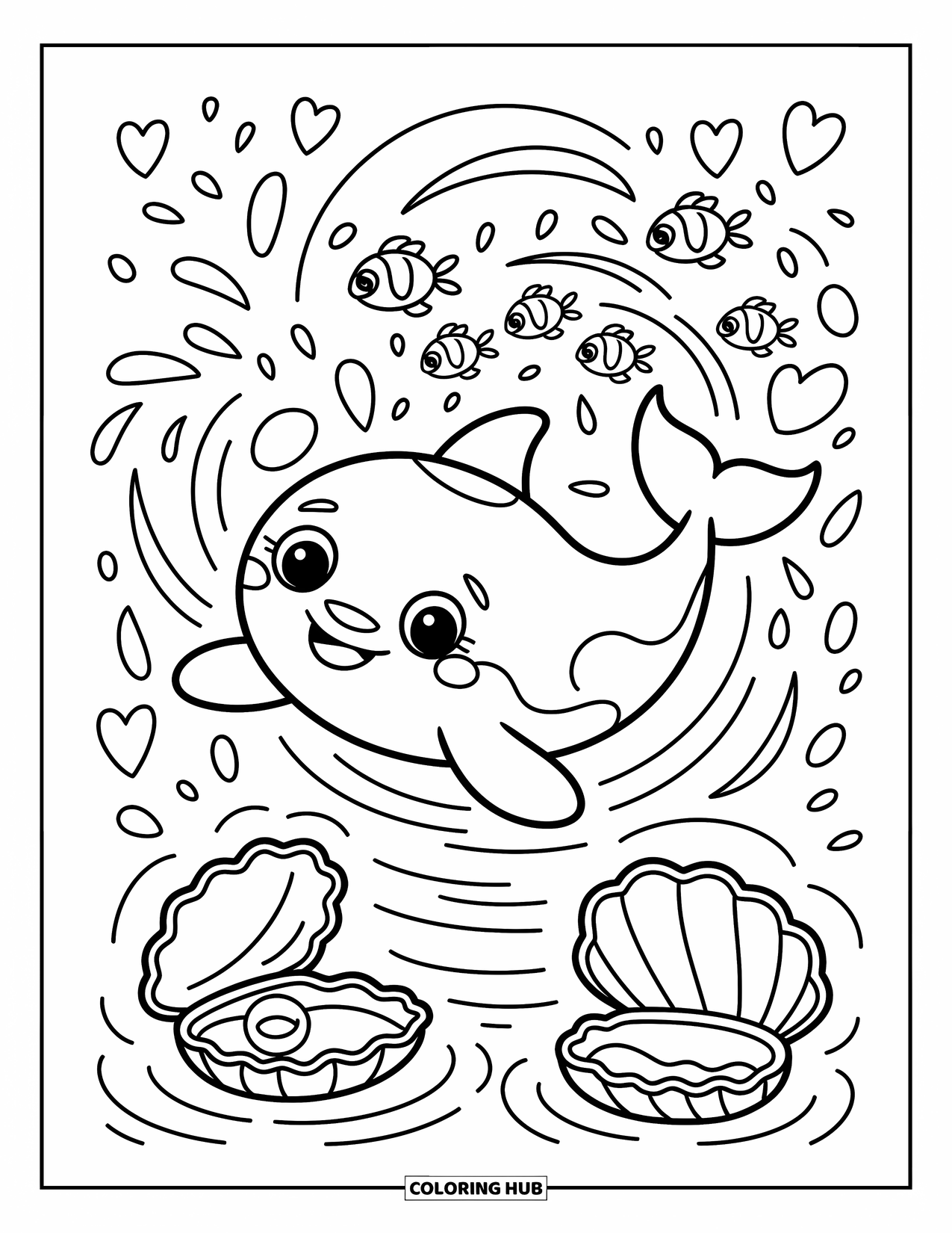 Kolorowanka ze zwierzętami oceanicznymi dla dorosłych: Orka pluska się, gdy ryby chichoczą w pobliżu, a bąbelki tańczą w wodzie