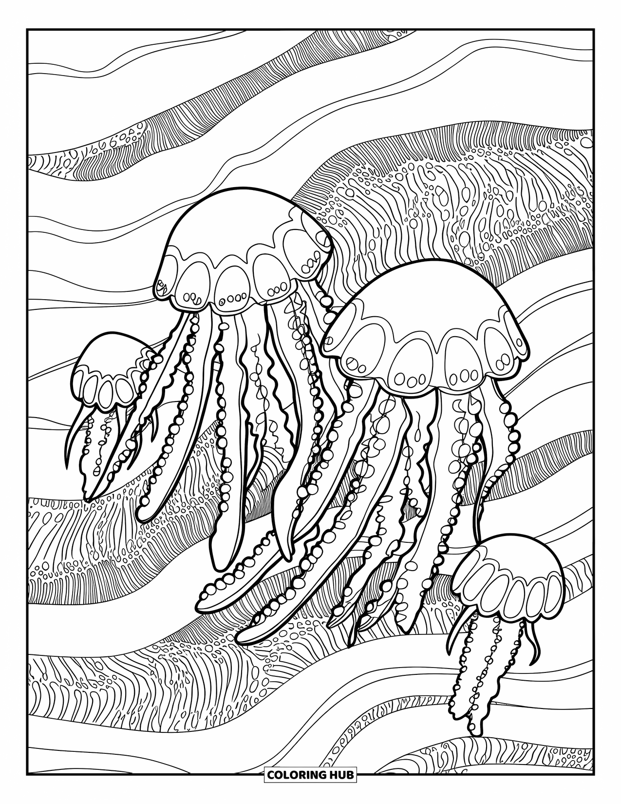 Kolorowanka ze zwierzętami oceanicznymi dla dorosłych: Meduzy szybują przez warstwy koralowców wypełnione drobnymi, zabawnymi detalami