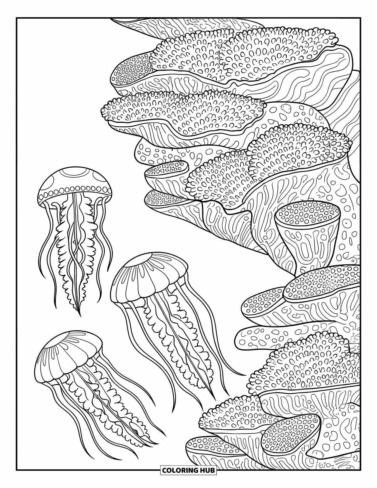 Kolorowanka ze zwierzętami oceanicznymi dla dorosłych: Meduzy z płynącymi mackami unoszą się nad warstwową rafą koralową