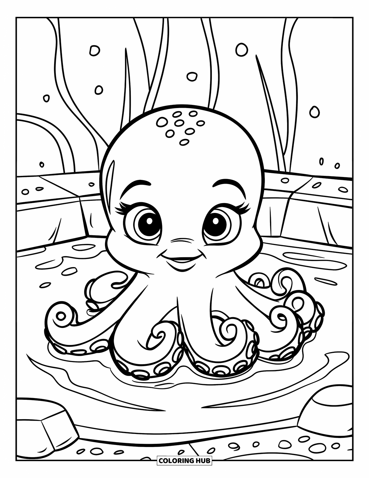 Kolorowanka ze zwierzętami oceanicznymi dla dzieci: Mała ośmiorniczka relaksuje się w basenie z kamykami i unoszącymi się bąbelkami