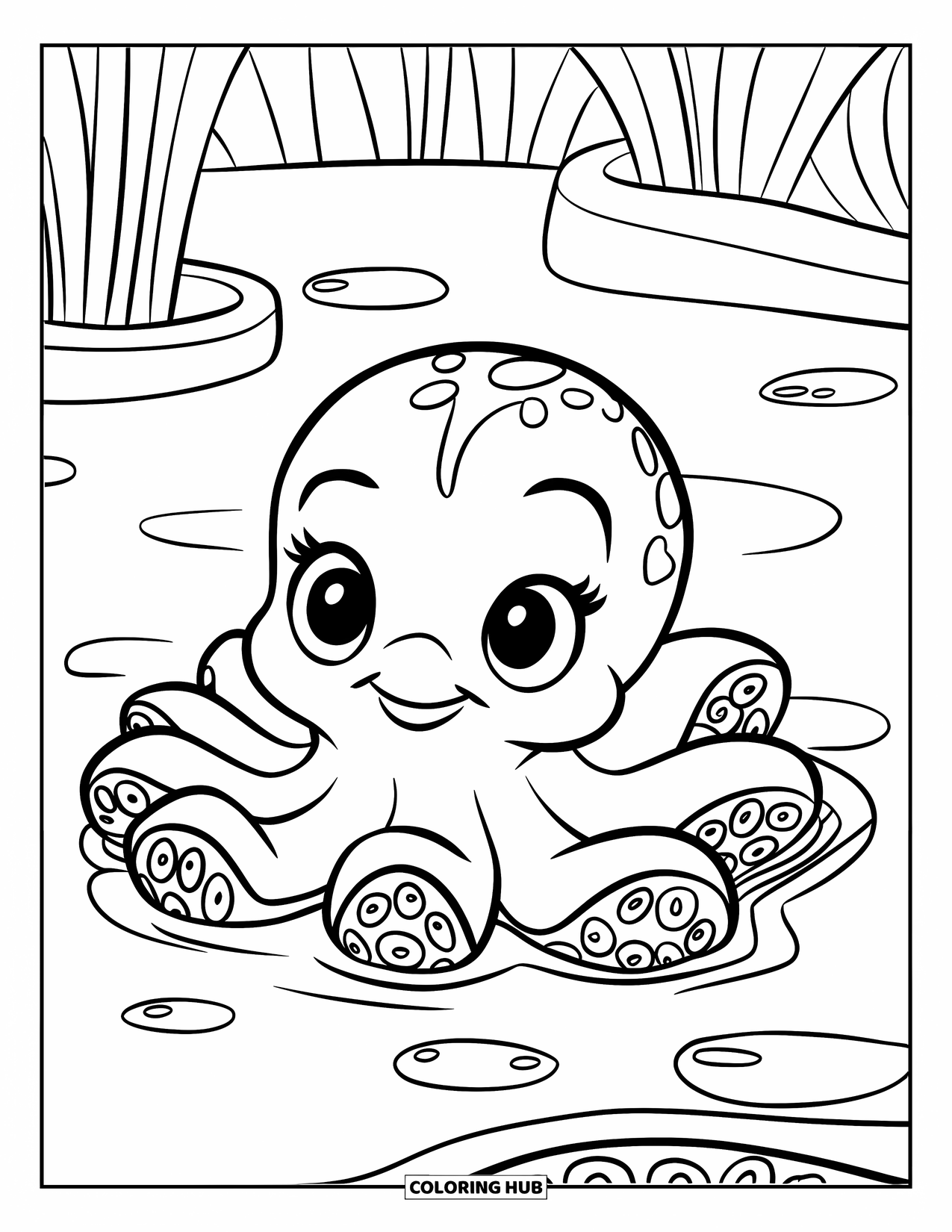 Kolorowanka ze zwierzętami oceanicznymi dla dzieci: Mała ośmiorniczka siedzi spokojnie w kałuży z kropelkami wody wokół