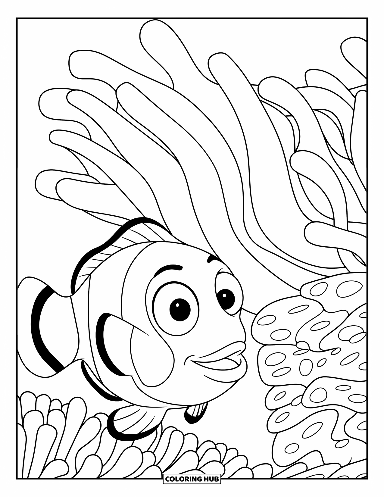 Kolorowanka ze zwierzętami oceanicznymi dla dzieci: Błazenek z dużymi oczami pływa przez falujący ukwiał i małe kawałki koralowca