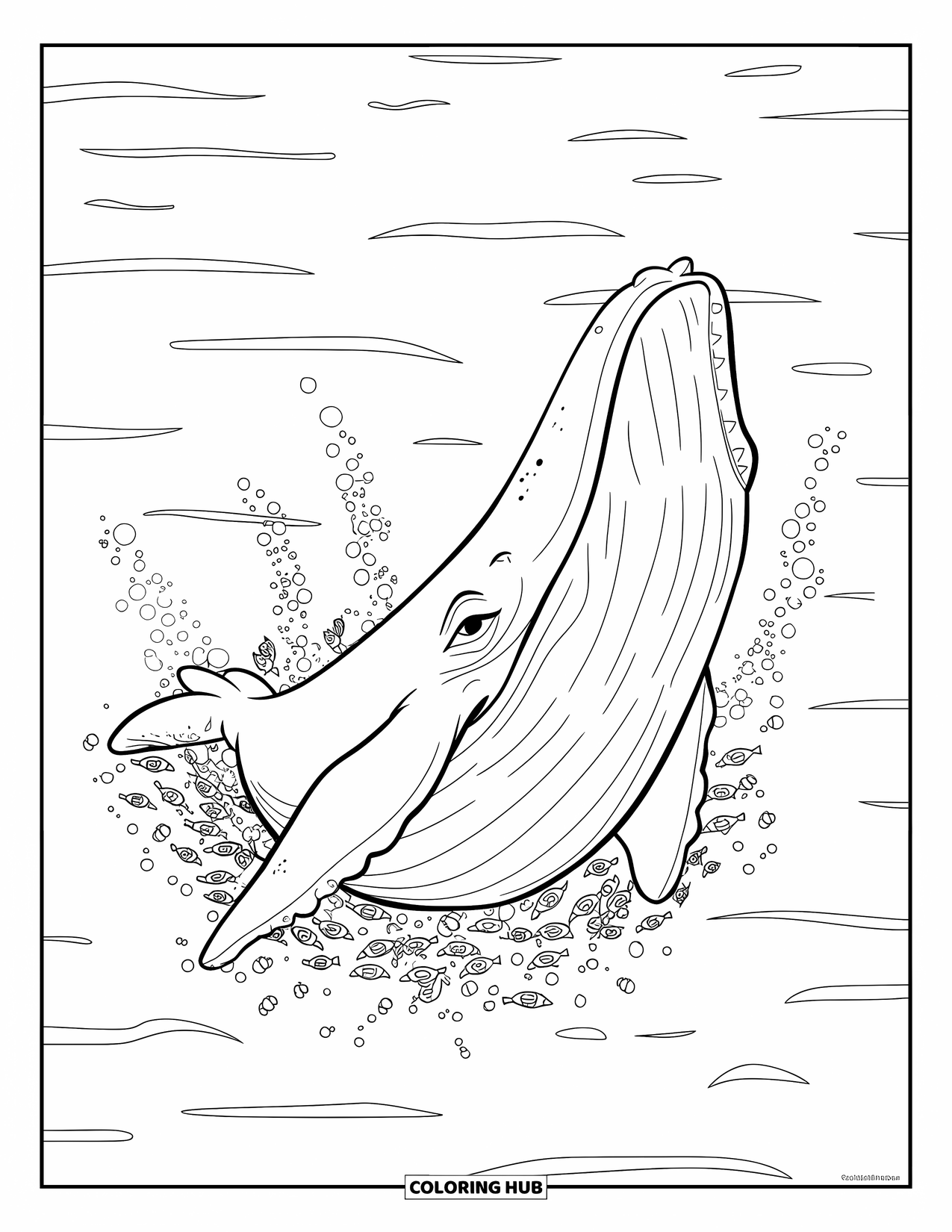 Kolorowanka ze zwierzętami oceanicznymi dla dzieci: Płetwal błękitny przebija się przez drobne ryby i bąbelki z szeroko otwartą paszczą