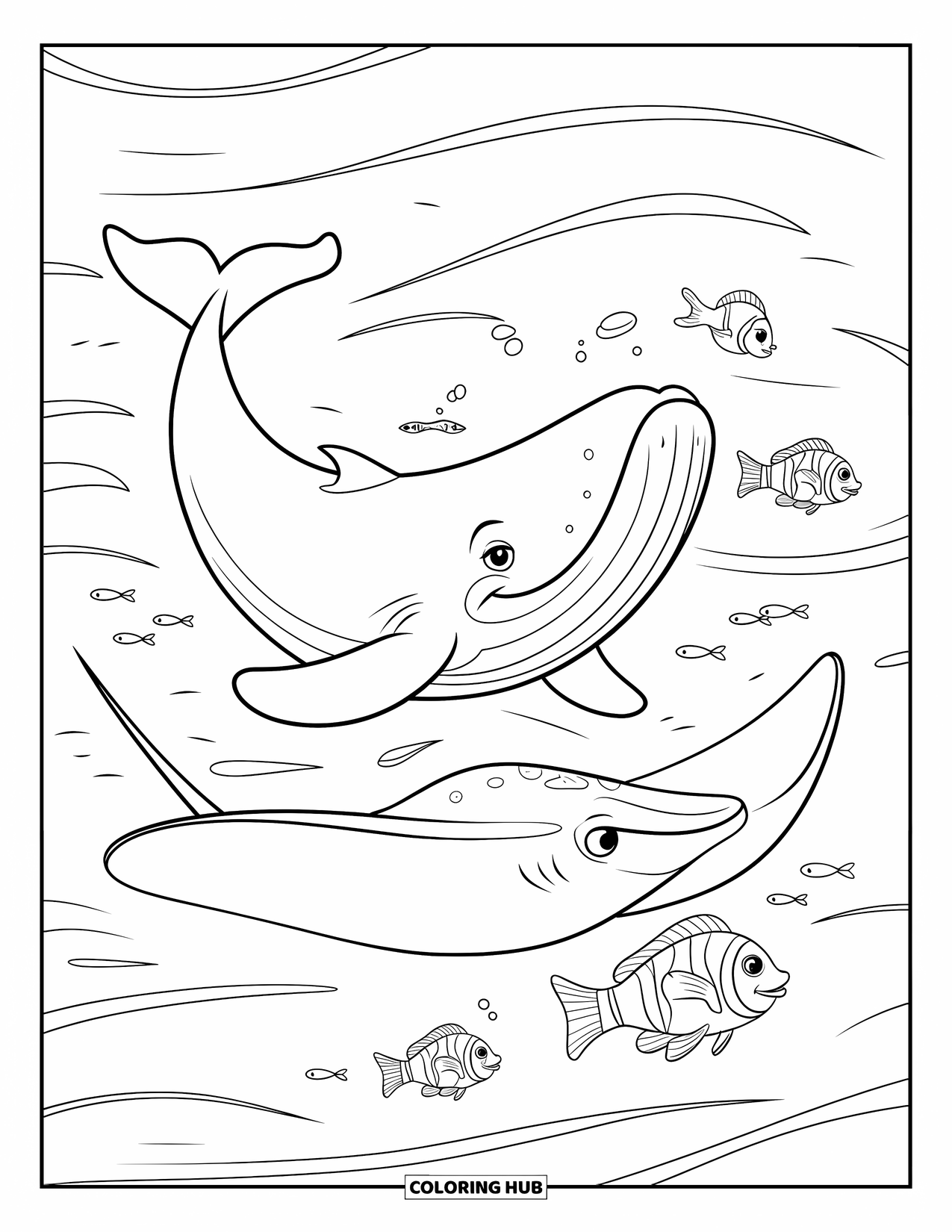 Kolorowanka ze zwierzętami oceanicznymi dla dzieci: Płetwal błękitny pływa spokojnie z płaszczką i błazenkiem w pobliżu