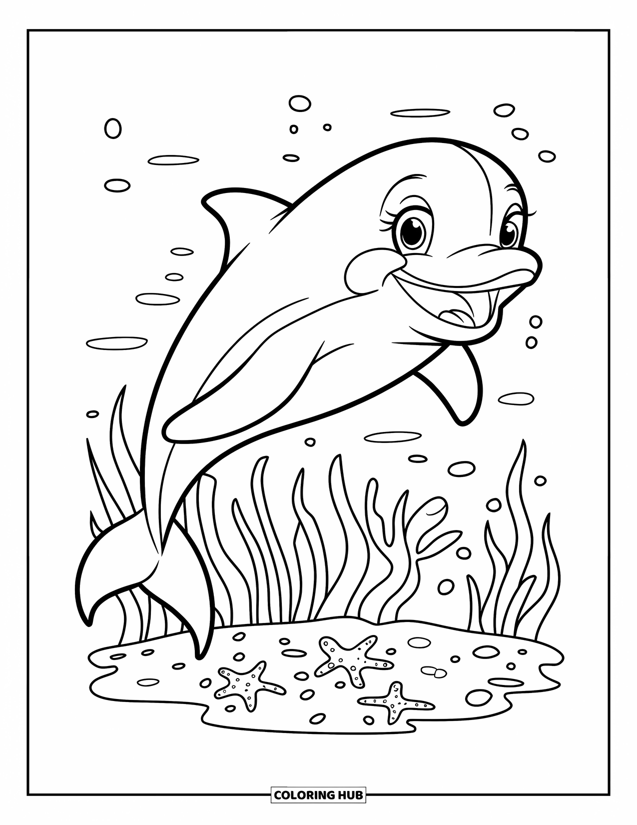 Kolorowanka ze zwierzętami oceanicznymi dla dzieci: Wesoły delfin fika nad rafą pokrytą rozgwiazdami i wodorostami