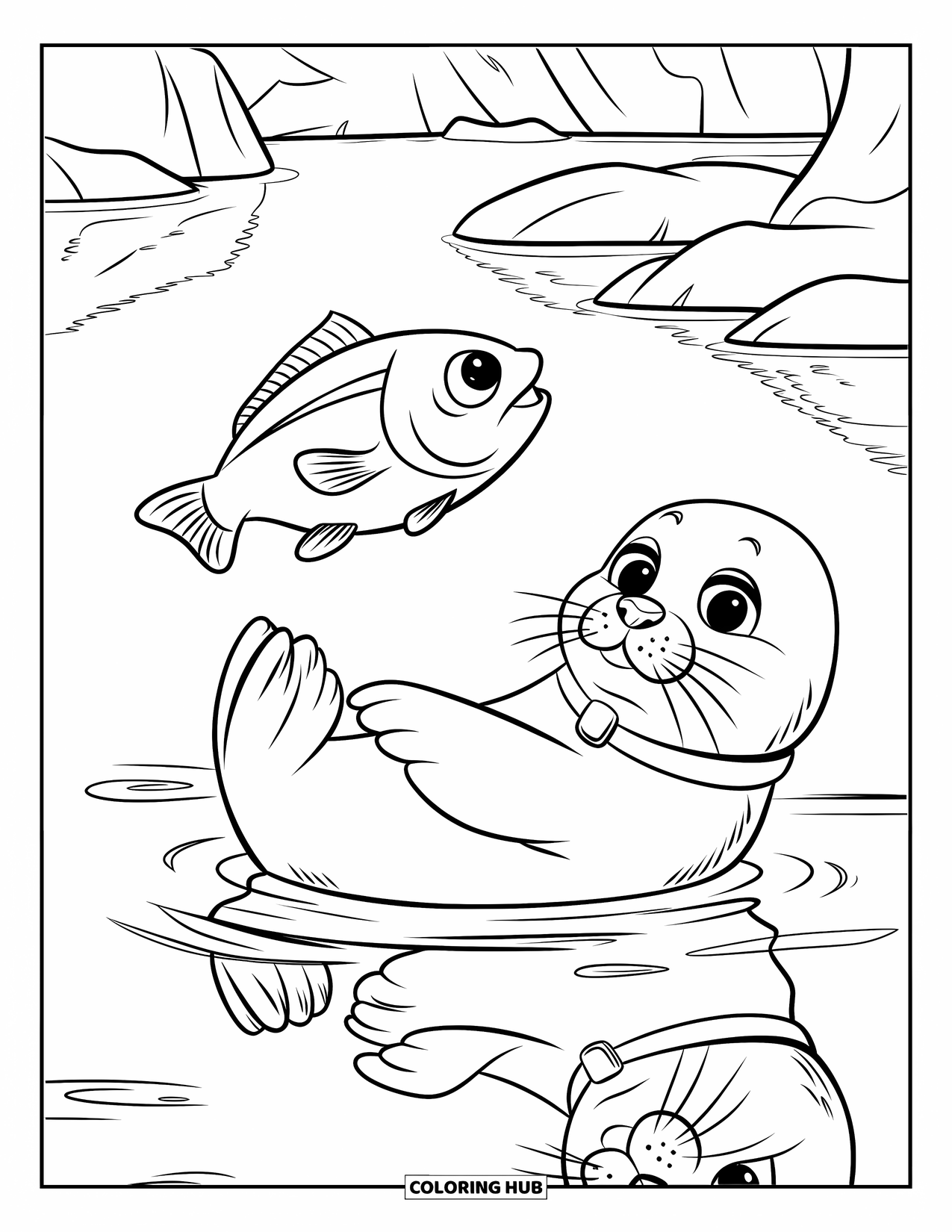 Kolorowanka ze zwierzętami oceanicznymi dla dzieci: Wesoła foka leży na plecach, a obok przepływa ryba