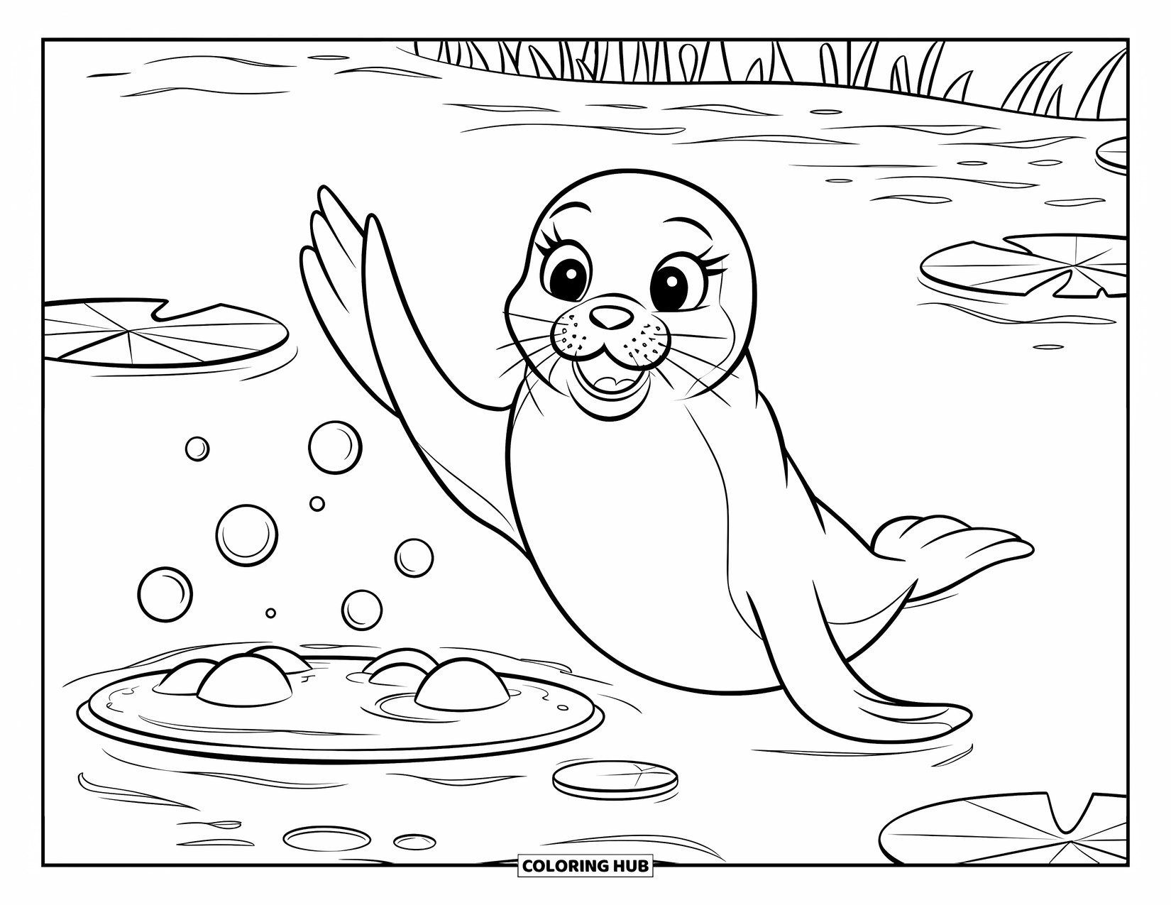 Kolorowanka ze zwierzętami oceanicznymi dla dzieci: Wesoła foka macha w pobliżu lilii wodnych i bąbelków w spokojnej wodzie
