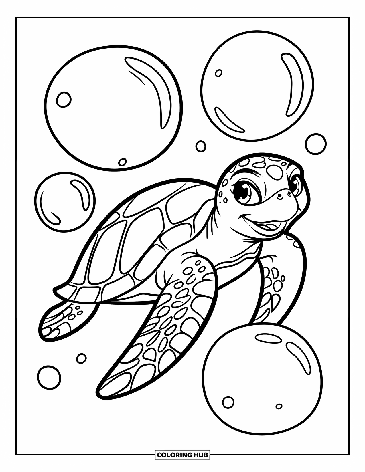 Kolorowanka ze zwierzętami oceanicznymi dla dzieci: Wesoły żółw pływa w wodzie otoczony bąbelkami i prostymi kształtami