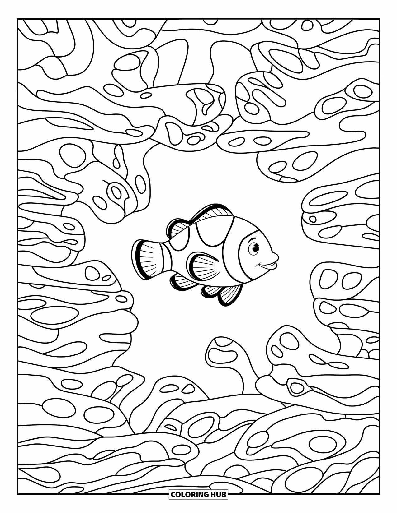 Kolorowanka ze zwierzętami oceanicznymi dla dzieci: Błazenek pływa przez labirynt wysokich, wirujących koralowców