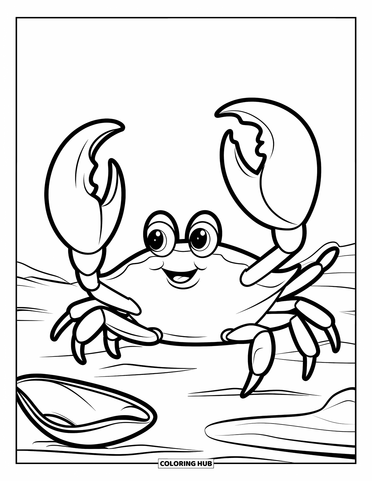 Kolorowanka ze zwierzętami oceanicznymi dla dzieci: Krab podnosi szczypce obok muszelki na gładkim piasku