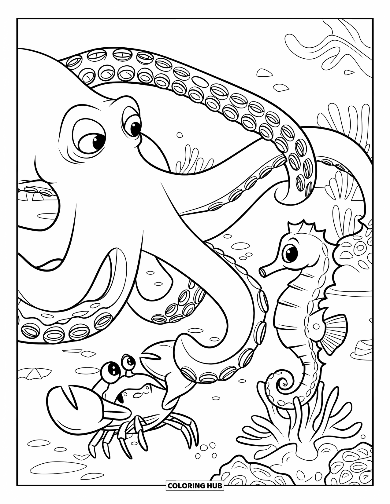 Kolorowanka ze zwierzętami oceanicznymi dla dzieci: Ciekawa ośmiornica wchodzi w interakcje z krabem i konikiem morskim w pobliżu raf koralowych