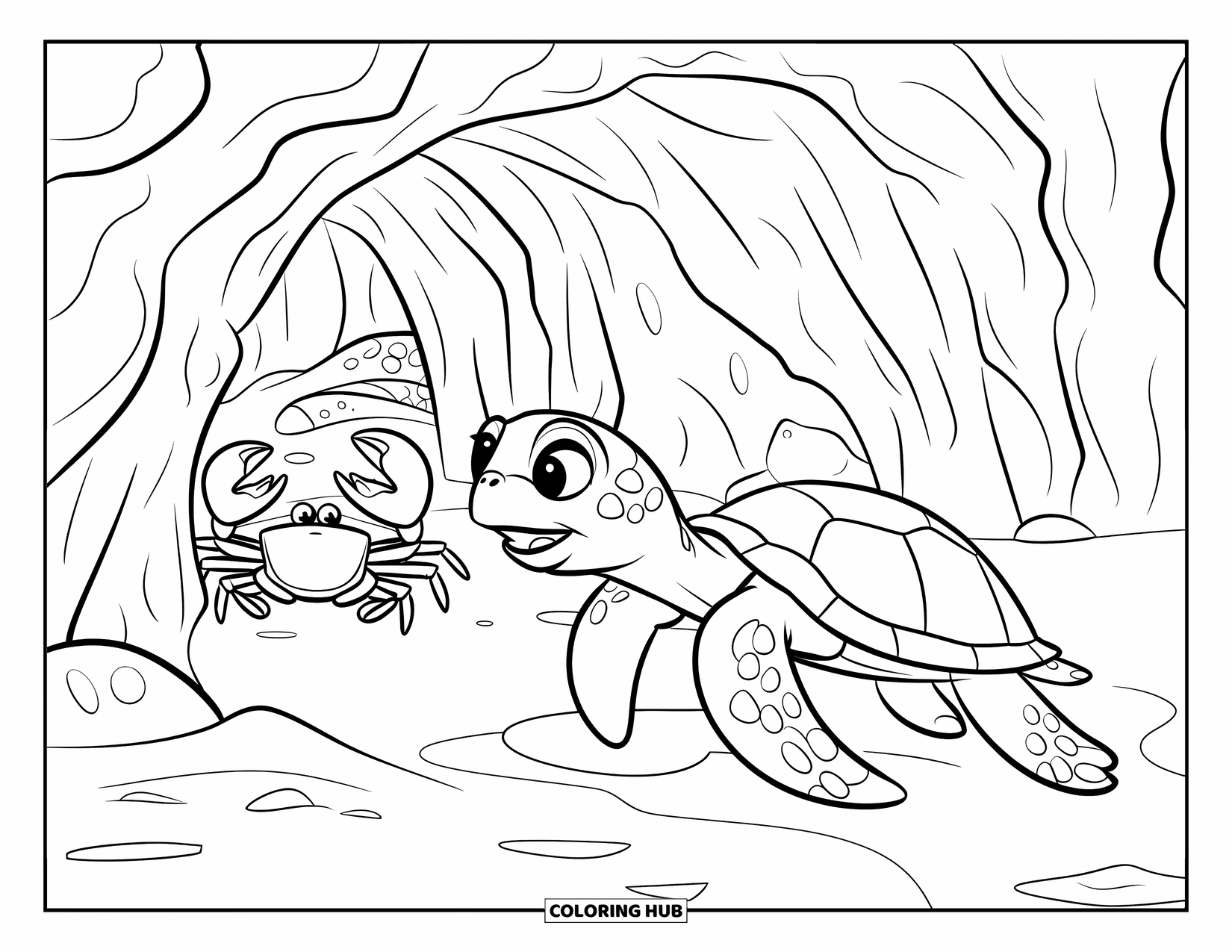 Kolorowanka ze zwierzętami oceanicznymi dla dzieci: Ciekawy żółw sprawdza skalistą jaskinię, a stworzenia morskie wyglądają z wnętrza