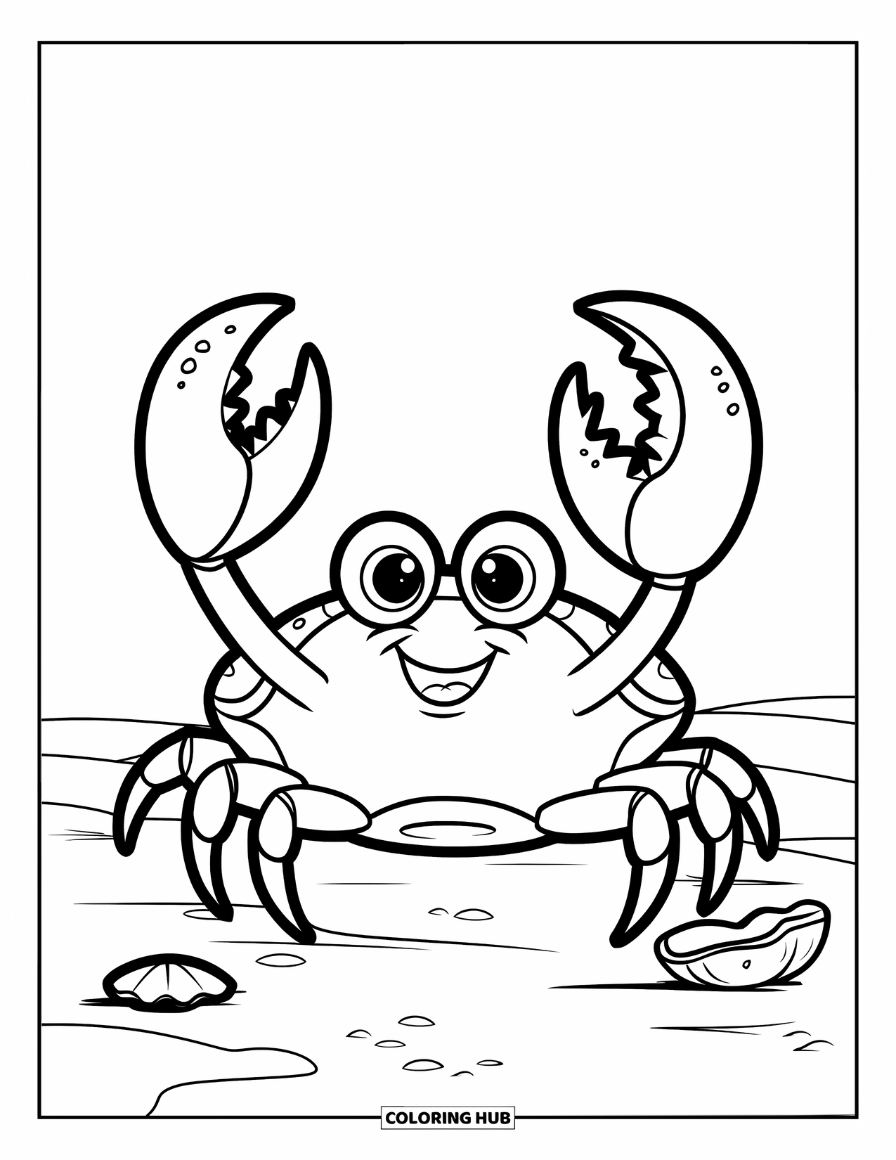 Kolorowanka ze zwierzętami oceanicznymi dla dzieci: Słodki krab z podniesionymi szczypcami stoi obok muszli na piaszczystym podłożu