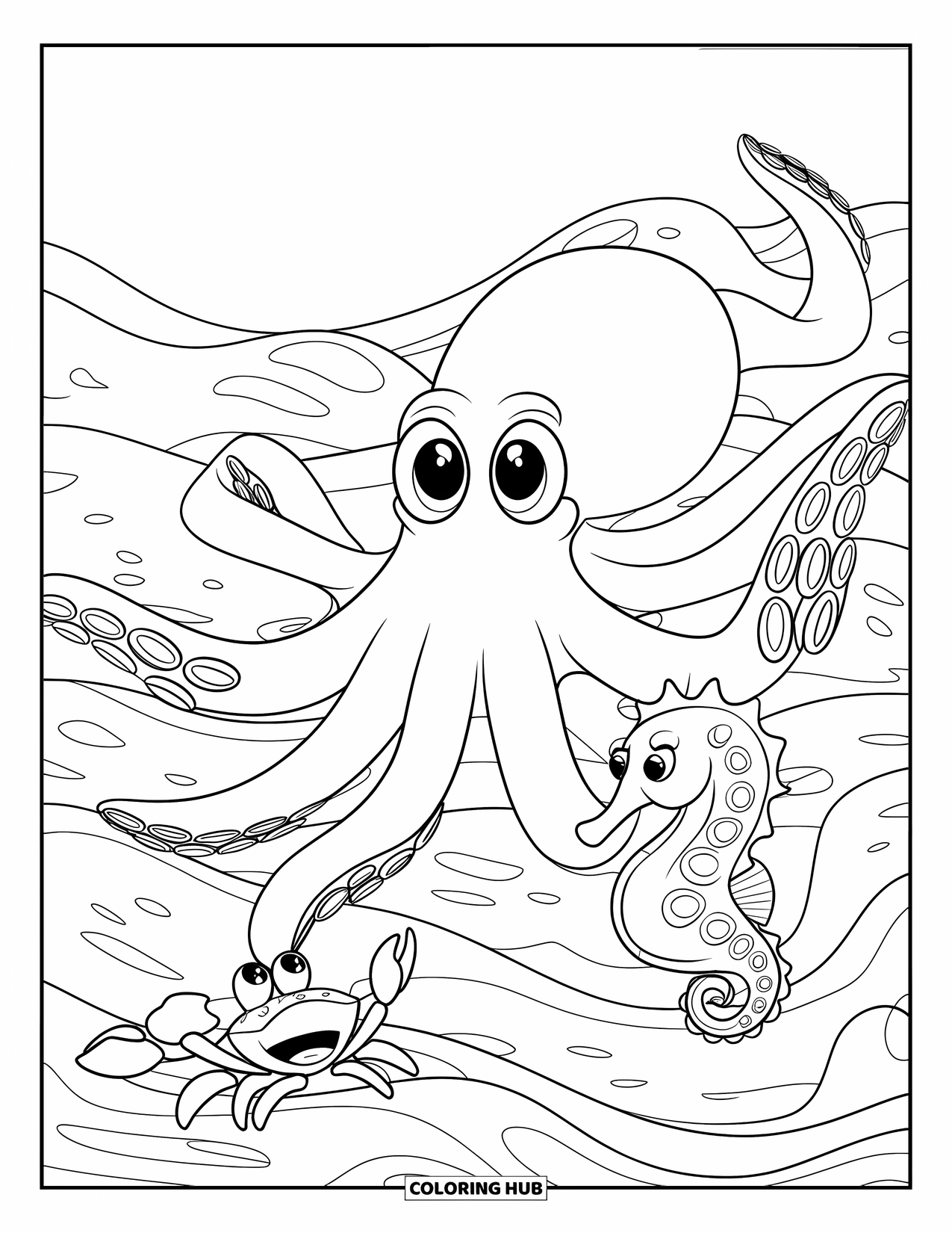 Kolorowanka ze zwierzętami oceanicznymi dla dzieci: Przyjazna ośmiornica sięga w stronę kraba i konika morskiego w głębinach morskich