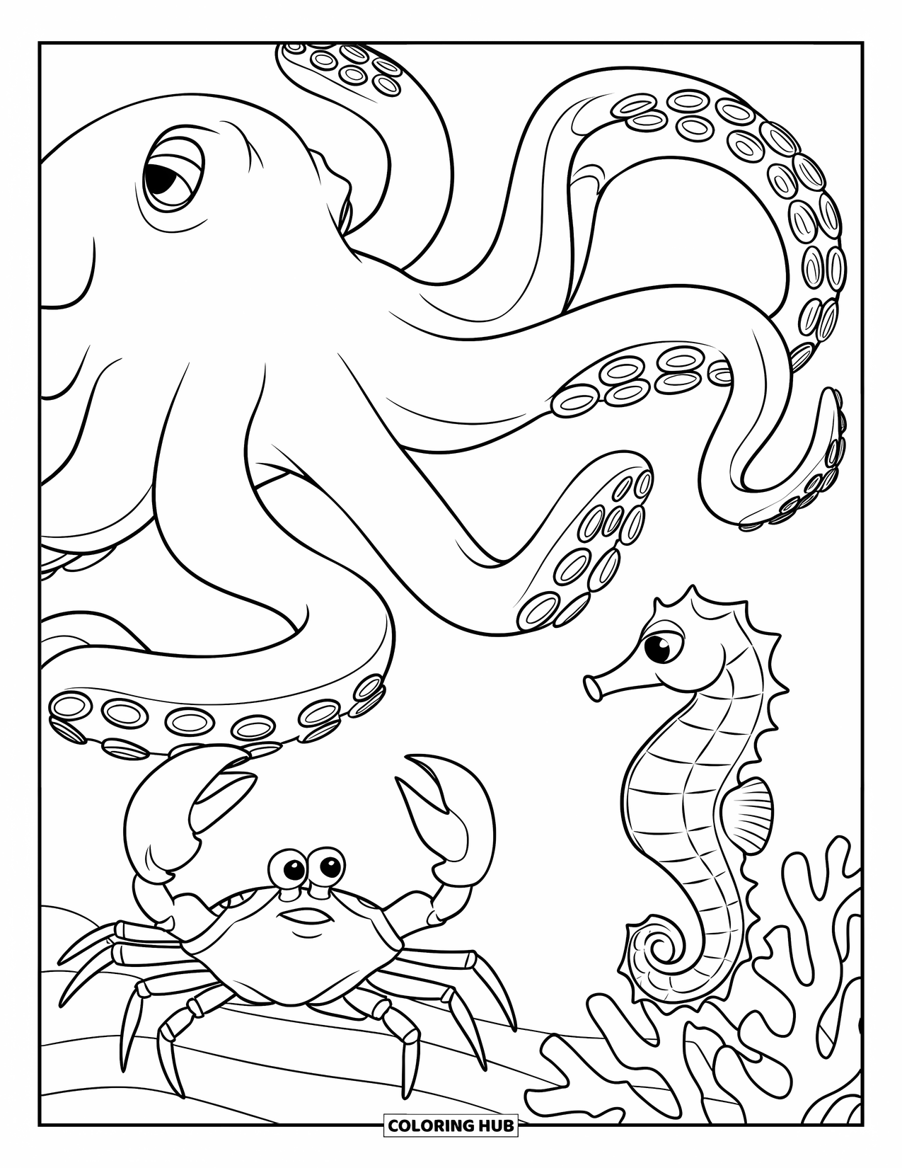 Kolorowanka ze zwierzętami oceanicznymi dla dzieci: Gigantyczna ośmiornica sięga w stronę kraba i ciekawskiego konika morskiego