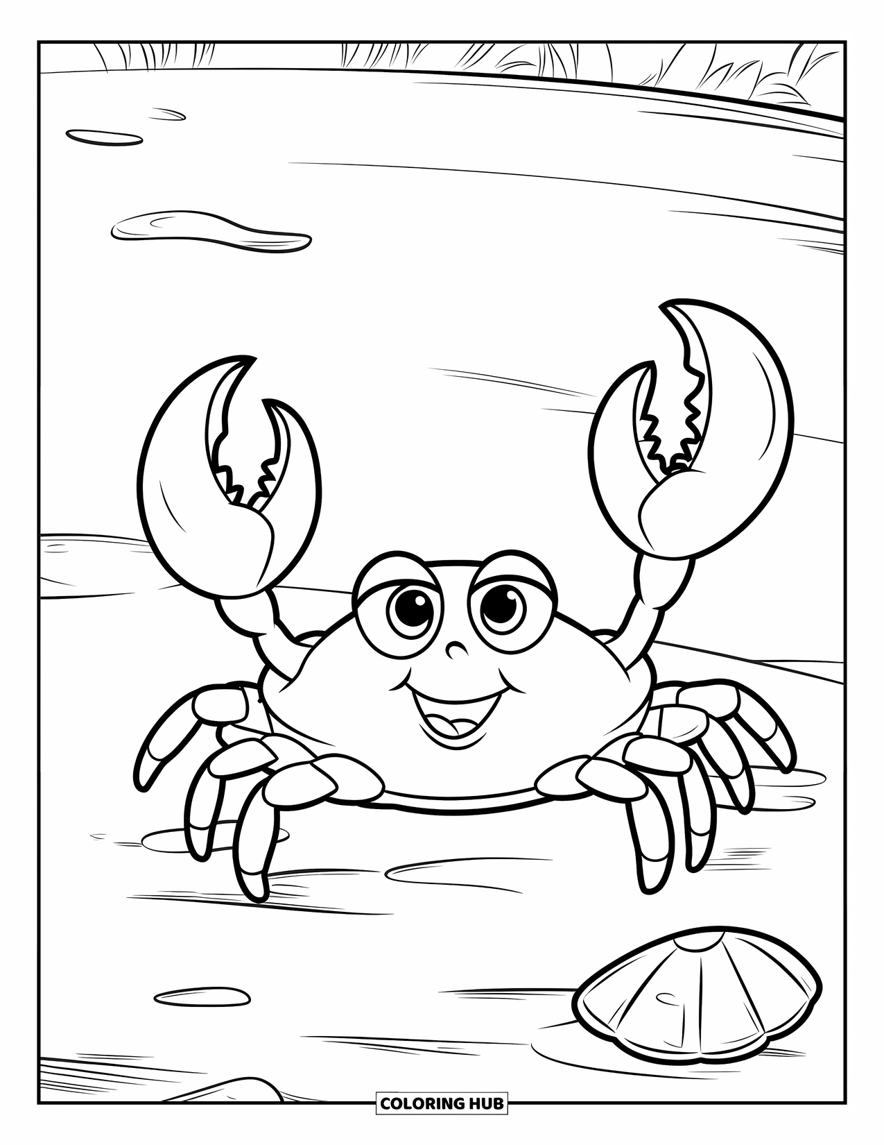 Kolorowanka ze zwierzętami oceanicznymi dla dzieci: Radosny krab podnosi szczypce obok muszli na miękkim białym piasku