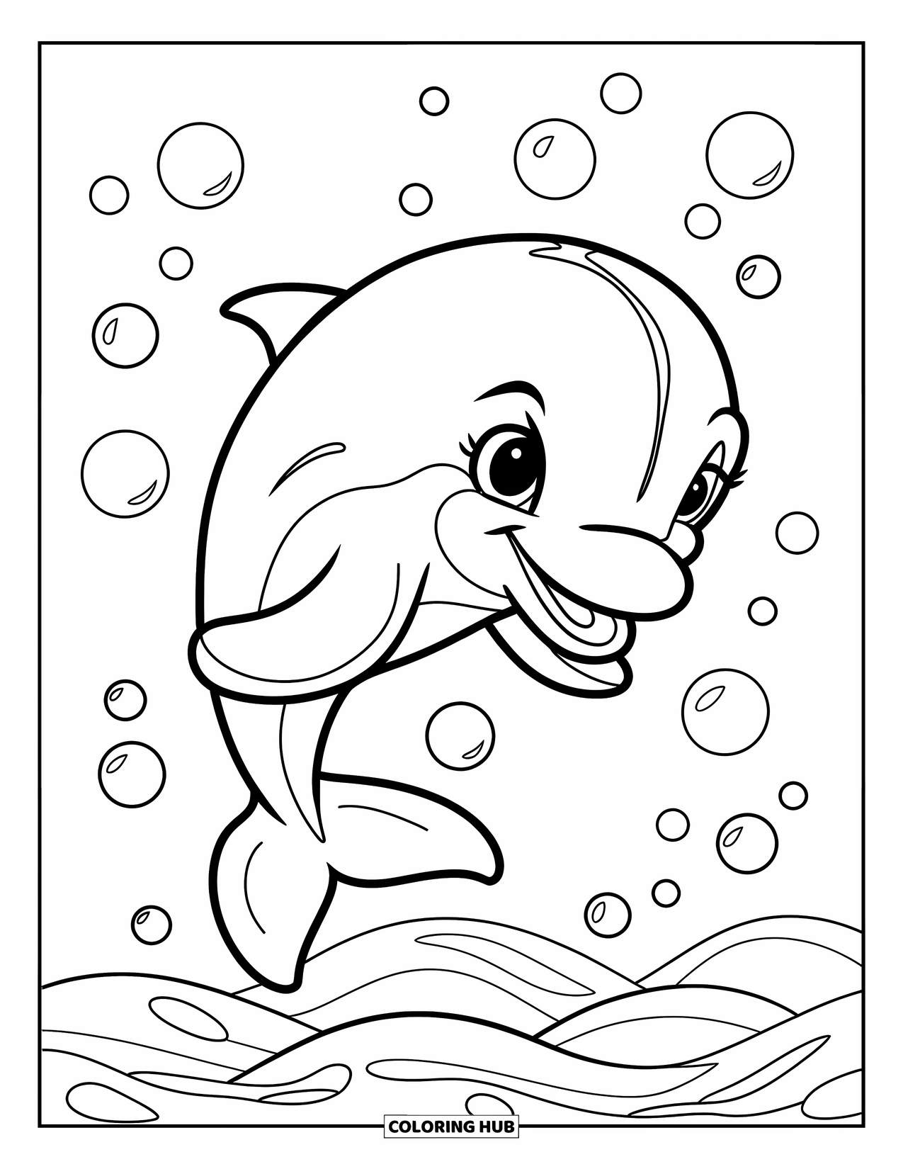 Kolorowanka ze zwierzętami oceanicznymi dla dzieci: Radosny delfin skacze nad małymi falami z kilkoma bąbelkami wokół