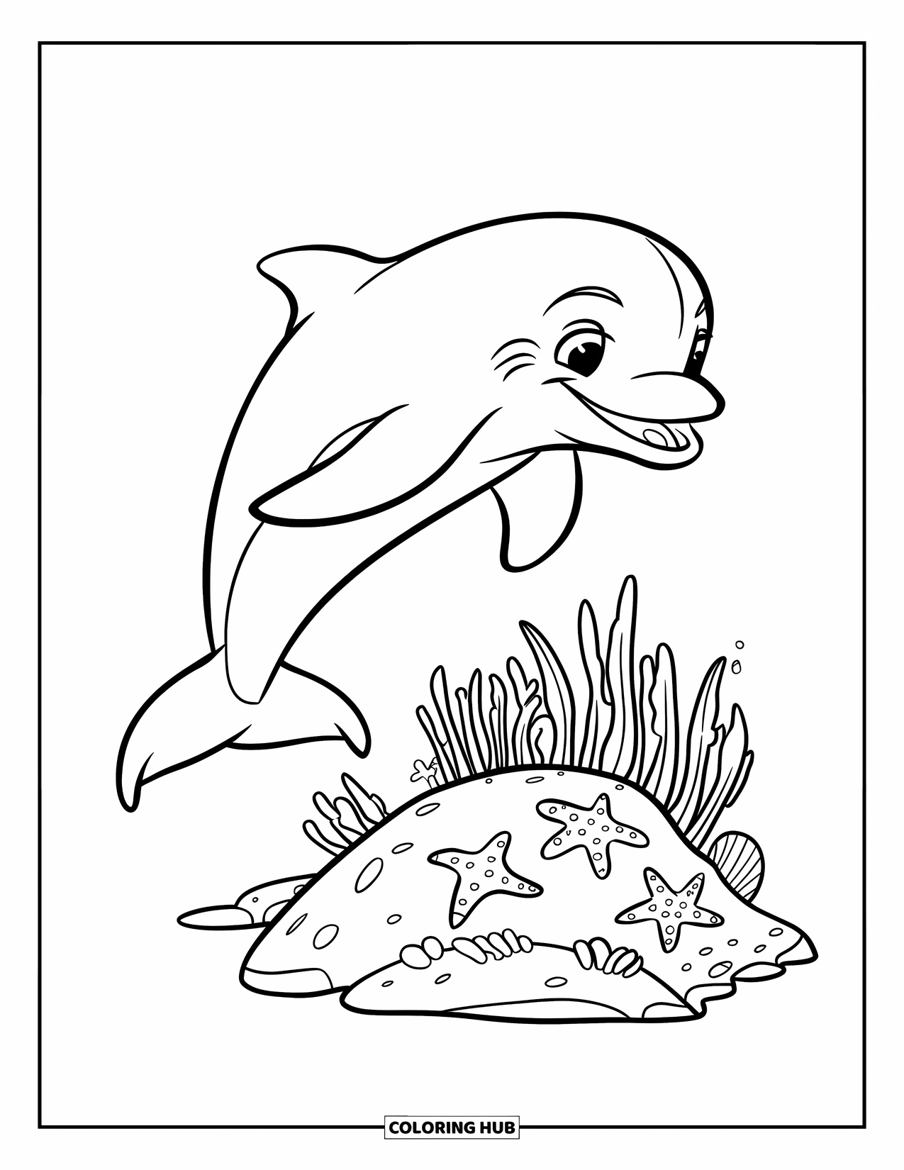 Kolorowanka ze zwierzętami oceanicznymi dla dzieci: Radosny delfin skacze w pobliżu rafy z wodorostami i rozgwiazdami na dnie