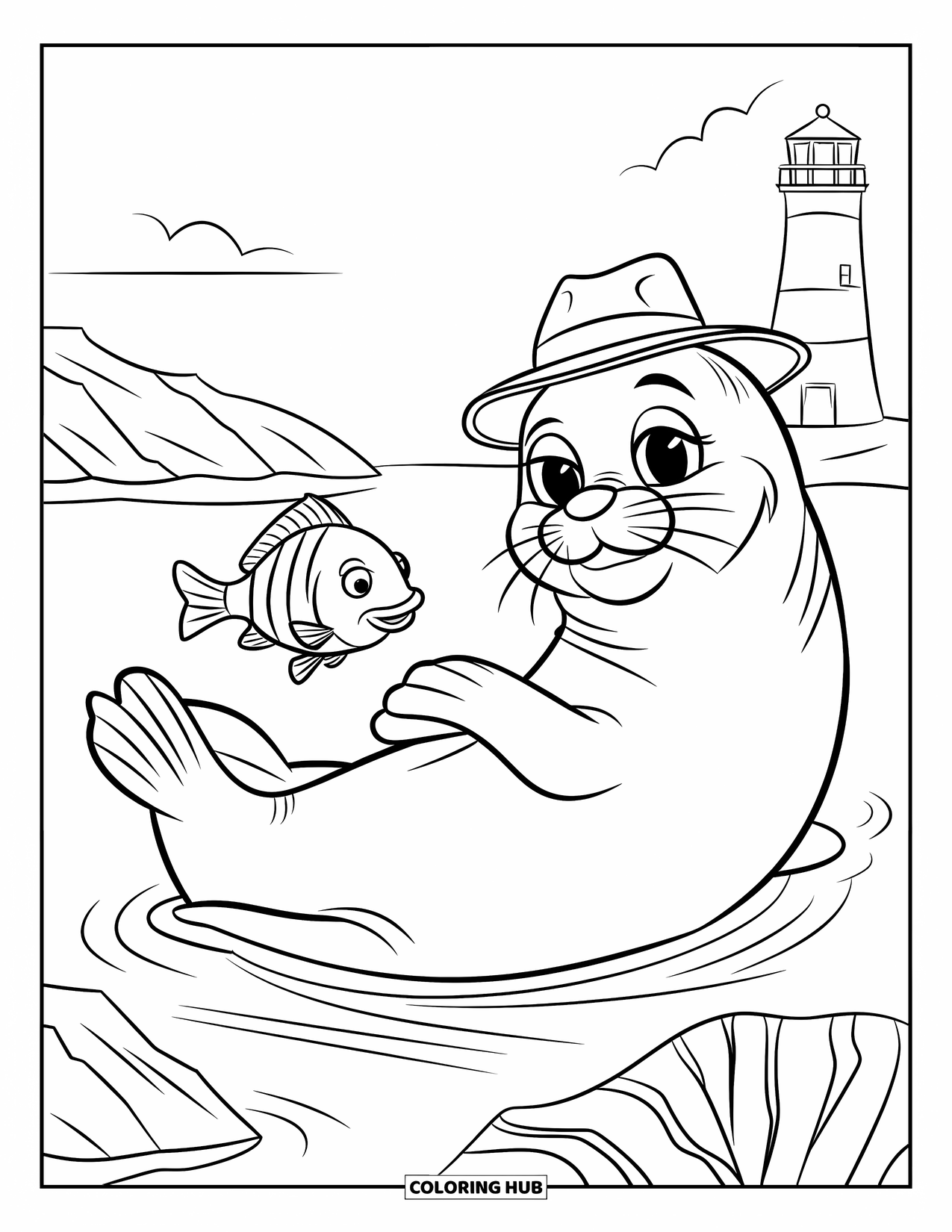 Kolorowanka ze zwierzętami oceanicznymi dla dzieci: Radosna foka unosi się na plecach, a obok przepływa ryba