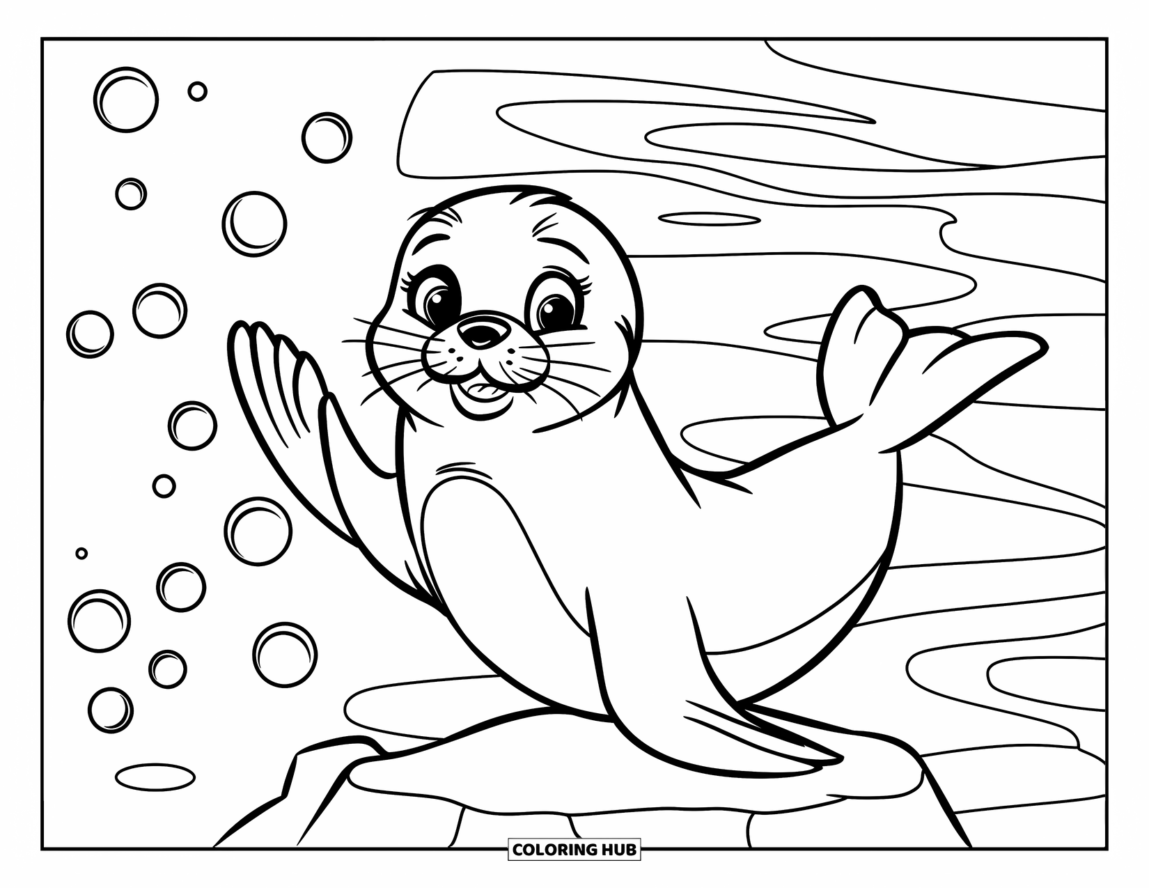 Kolorowanka ze zwierzętami oceanicznymi dla dzieci: Radosna foka na skale macha do bąbelków na spokojnym morzu