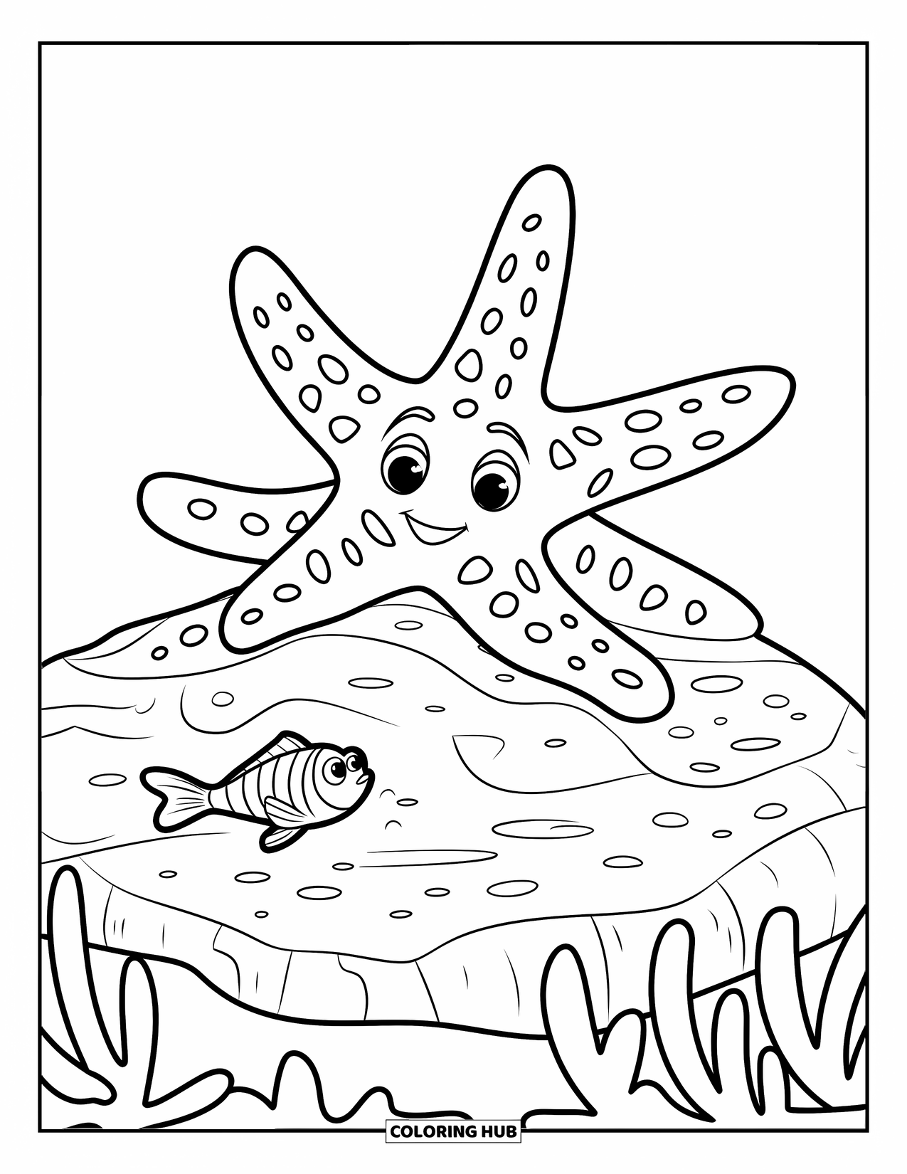 Kolorowanka ze zwierzętami oceanicznymi dla dzieci: Radosna rozgwiazda odpoczywa w pobliżu ryby w spokojnych wodach oceanu