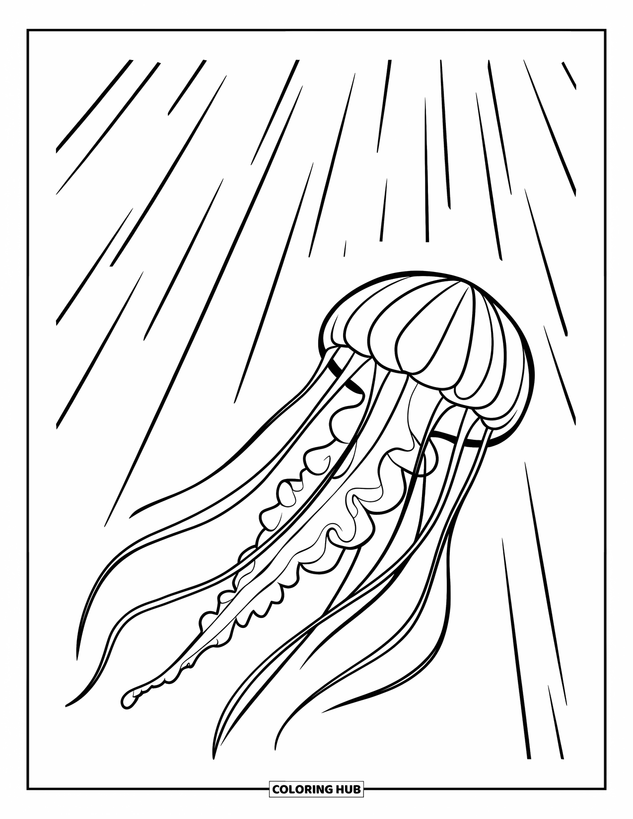 Kolorowanka ze zwierzętami oceanicznymi dla dzieci: Meduza unosi się delikatnie w pobliżu promieni słonecznych prześwitujących przez wodę