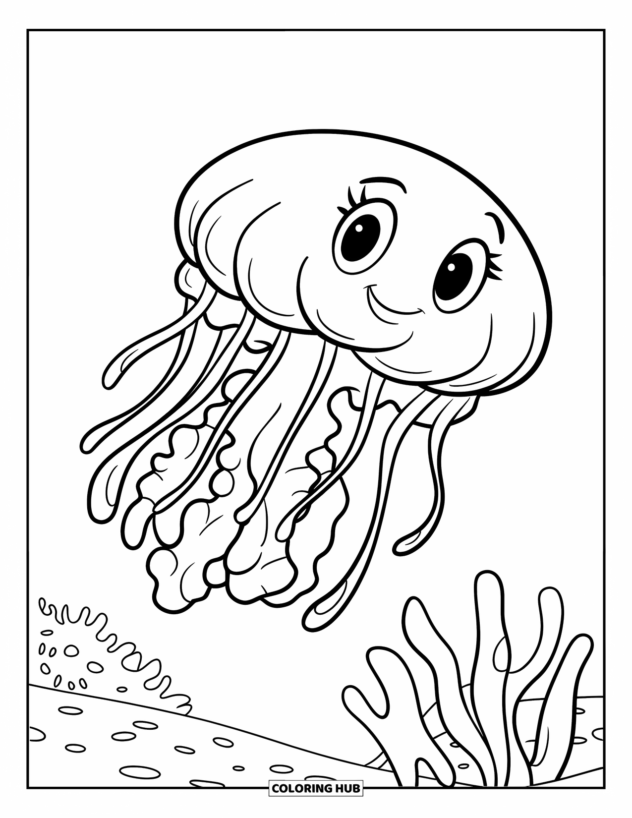 Kolorowanka ze zwierzętami oceanicznymi dla dzieci: Meduza z dużymi mackami unosi się w pobliżu wodorostów w spokojnej wodzie oceanu