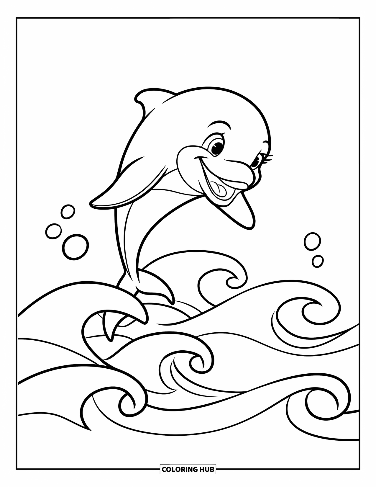 Kolorowanka ze zwierzętami oceanicznymi dla dzieci: Radosny delfin fika nad delikatnymi falami i rozproszonymi bąbelkami