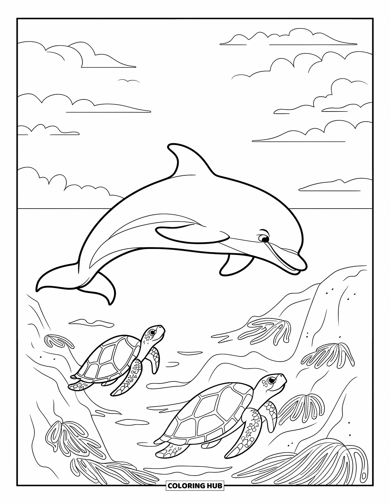 Kolorowanka ze zwierzętami oceanicznymi dla dzieci: Skaczący delfin pływa nad dwoma żółwiami w pobliżu podwodnych skał