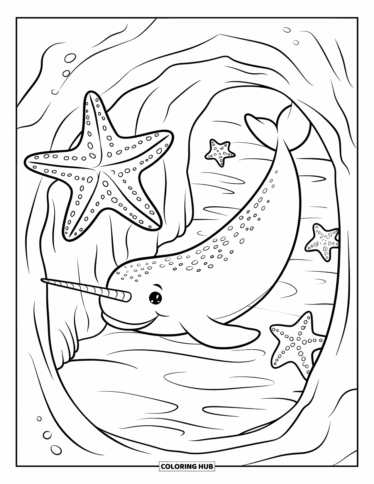 Kolorowanka ze zwierzętami oceanicznymi dla dzieci: Narwal nurkuje obok jaskini z jasnymi rozgwiazdami w pobliżu