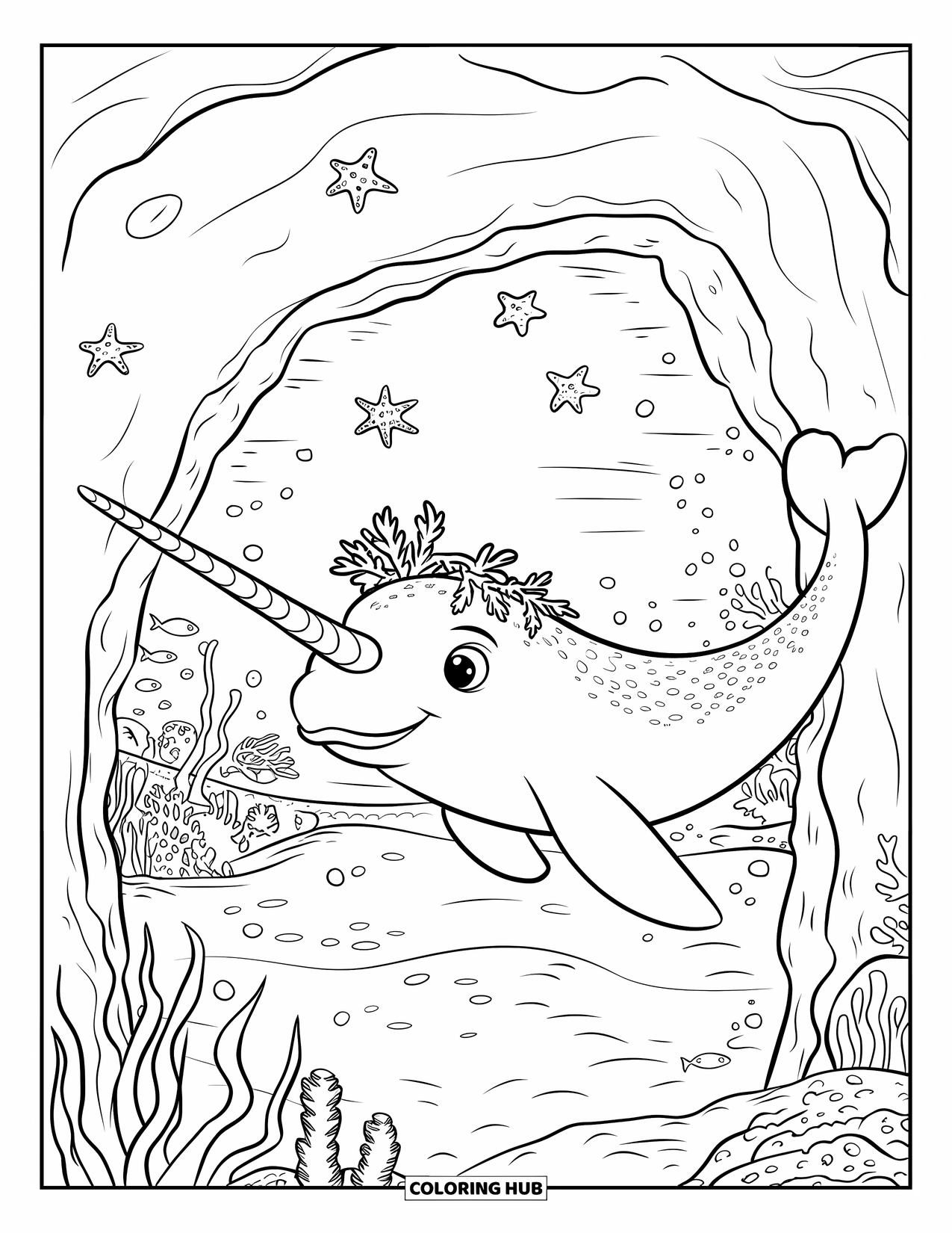 Kolorowanka ze zwierzętami oceanicznymi dla dzieci: Narwal w koronie z wodorostów nurkuje obok rozgwiazd i koralowców