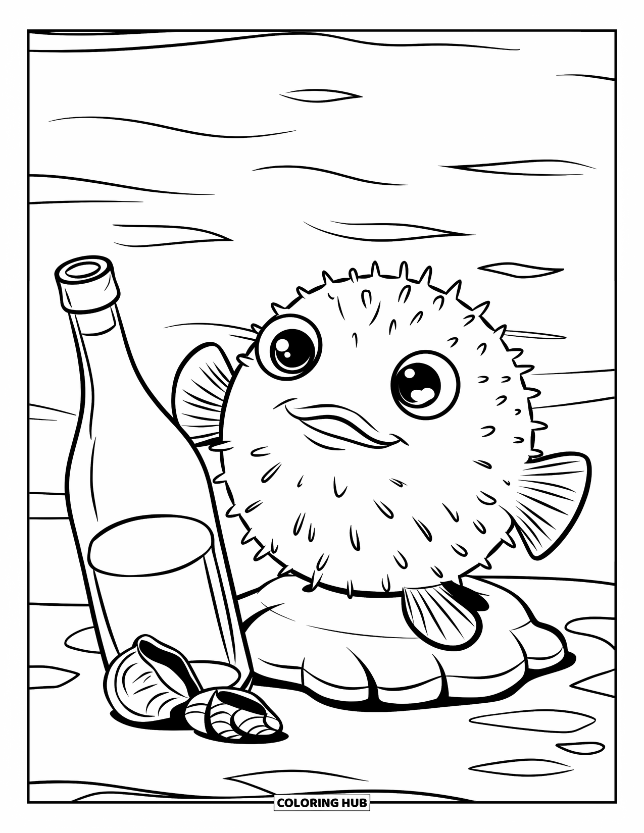 Kolorowanka ze zwierzętami oceanicznymi dla dzieci: Nadęta rozdymka siedzi obok butelki i muszelek