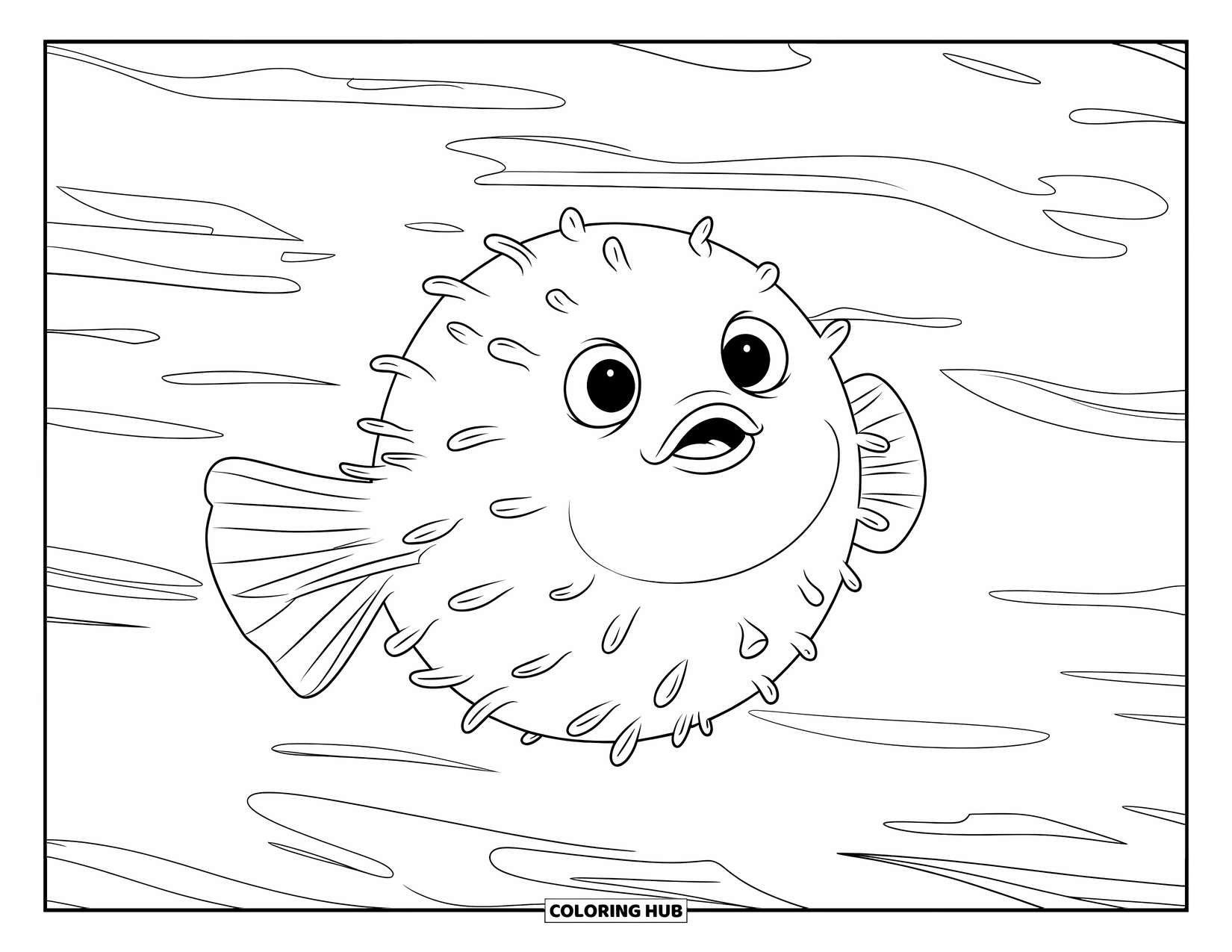 Kolorowanka ze zwierzętami oceanicznymi dla dzieci: Okrągła rozdymka unosi się samotnie, a wiry pokazują ruch w wodzie