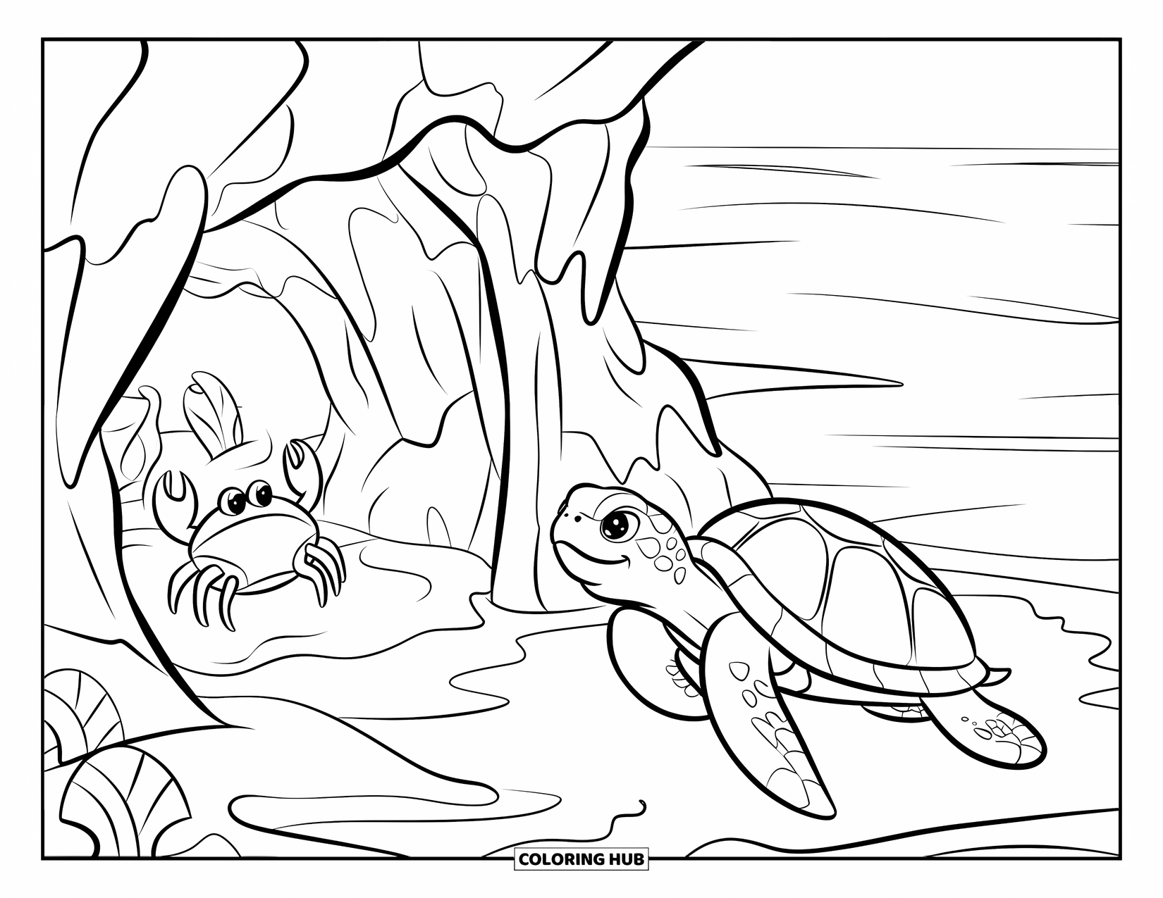 Kolorowanka ze zwierzętami oceanicznymi dla dzieci: Żółw morski bada skalistą jaskinię, a krab i węgorz wyglądają zza niej