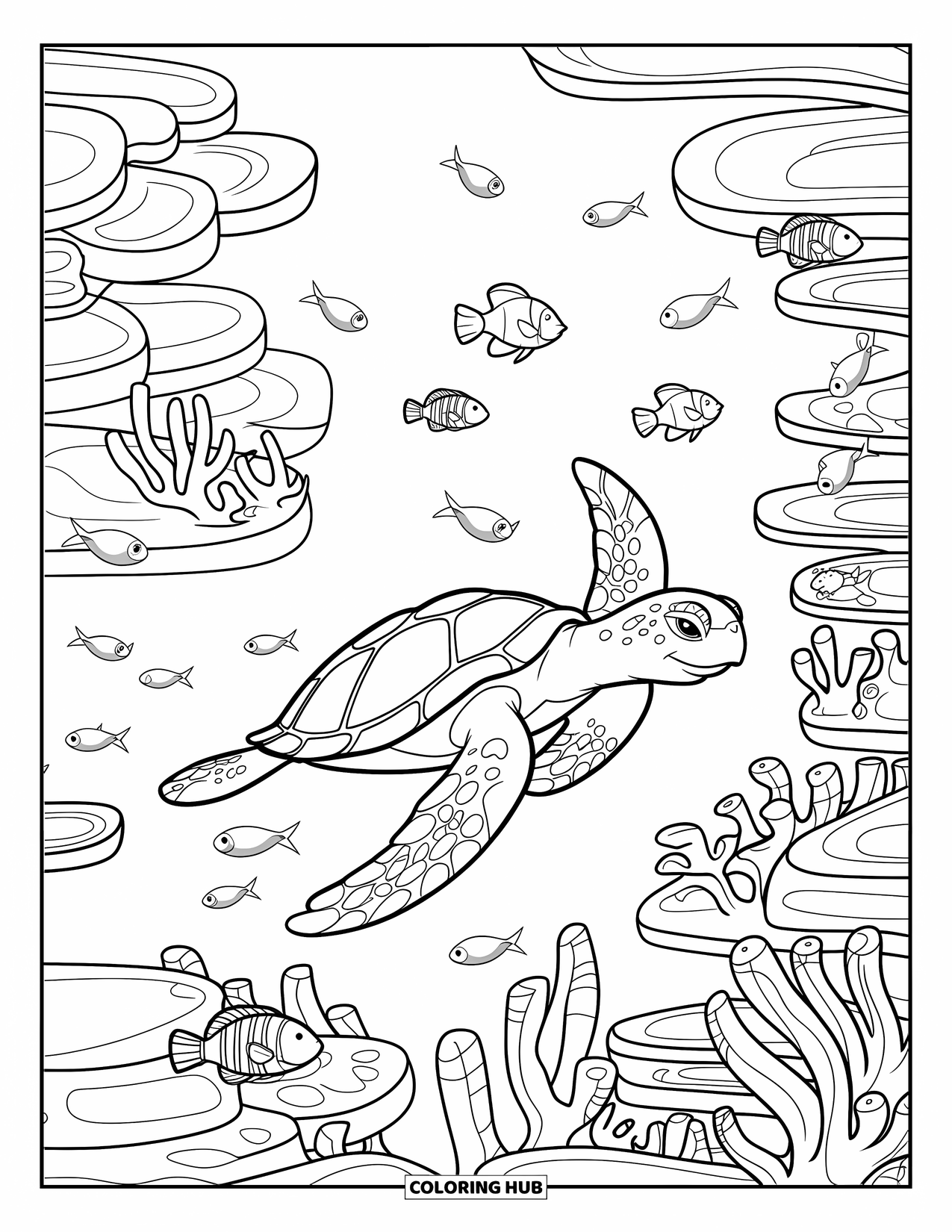 Kolorowanka ze zwierzętami oceanicznymi dla dzieci: Żółw morski pływa wśród wirujących ryb i warstwowych raf koralowych