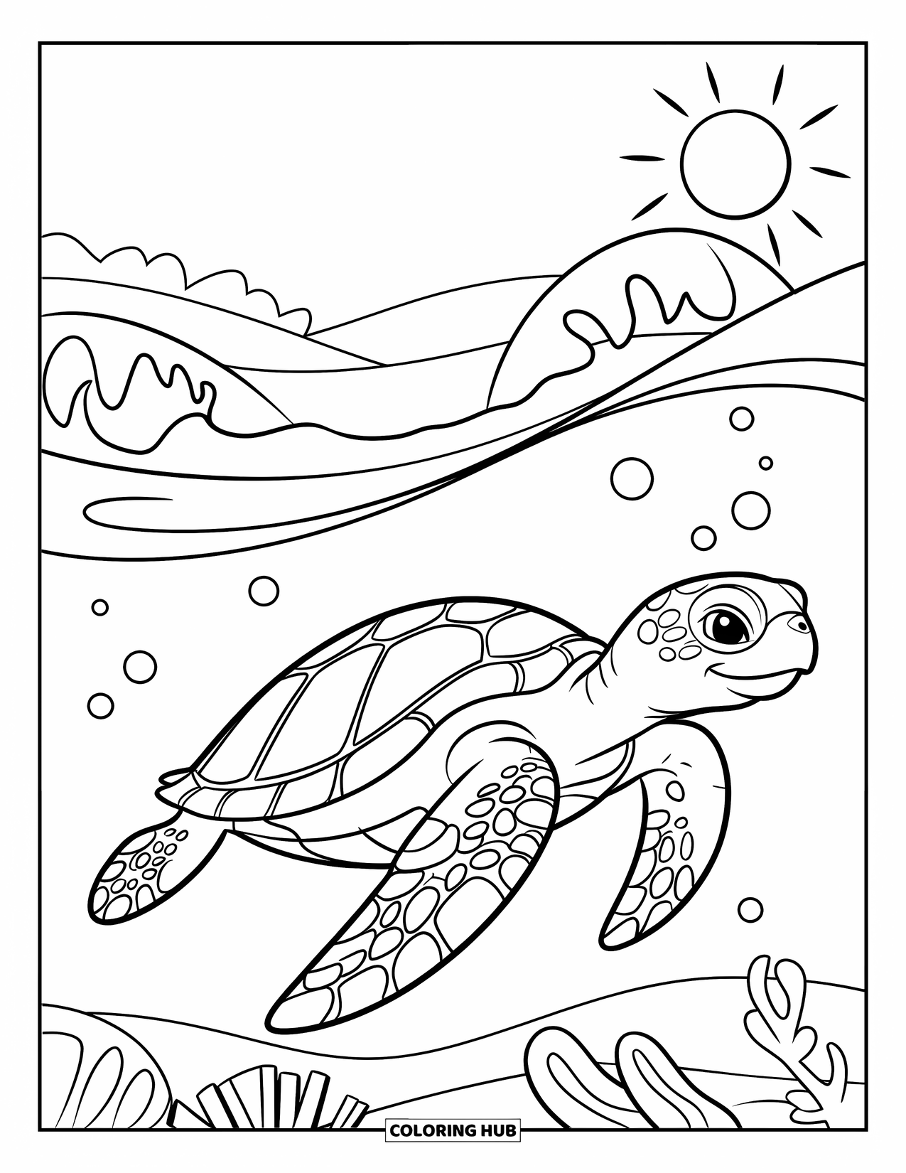 Kolorowanka ze zwierzętami oceanicznymi dla dzieci: Żółw morski pływa z trzema bąbelkami w słonecznej scenerii oceanicznej