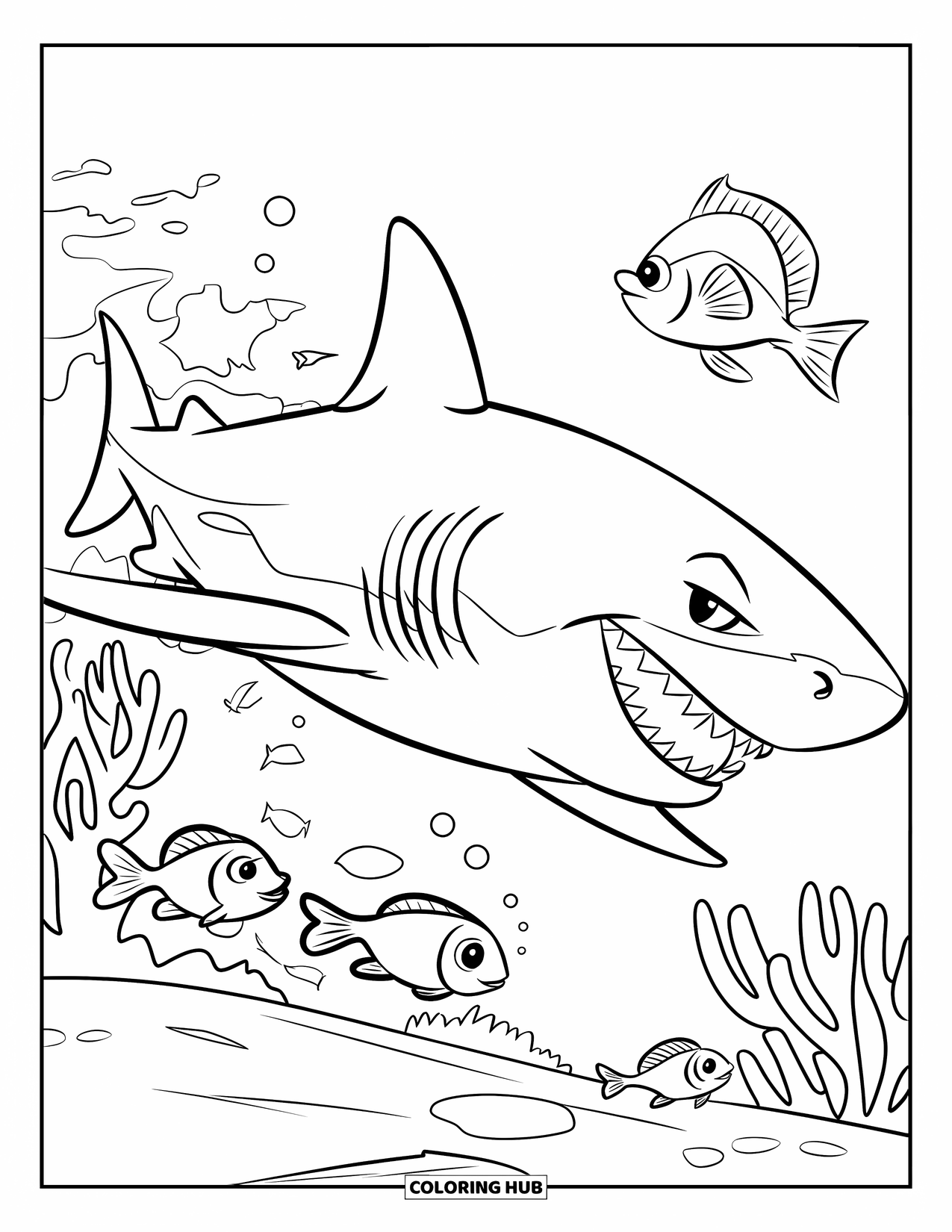 Kolorowanka ze zwierzętami oceanicznymi dla dzieci: Rekin goni małe ryby w pobliżu koralowców w morzu