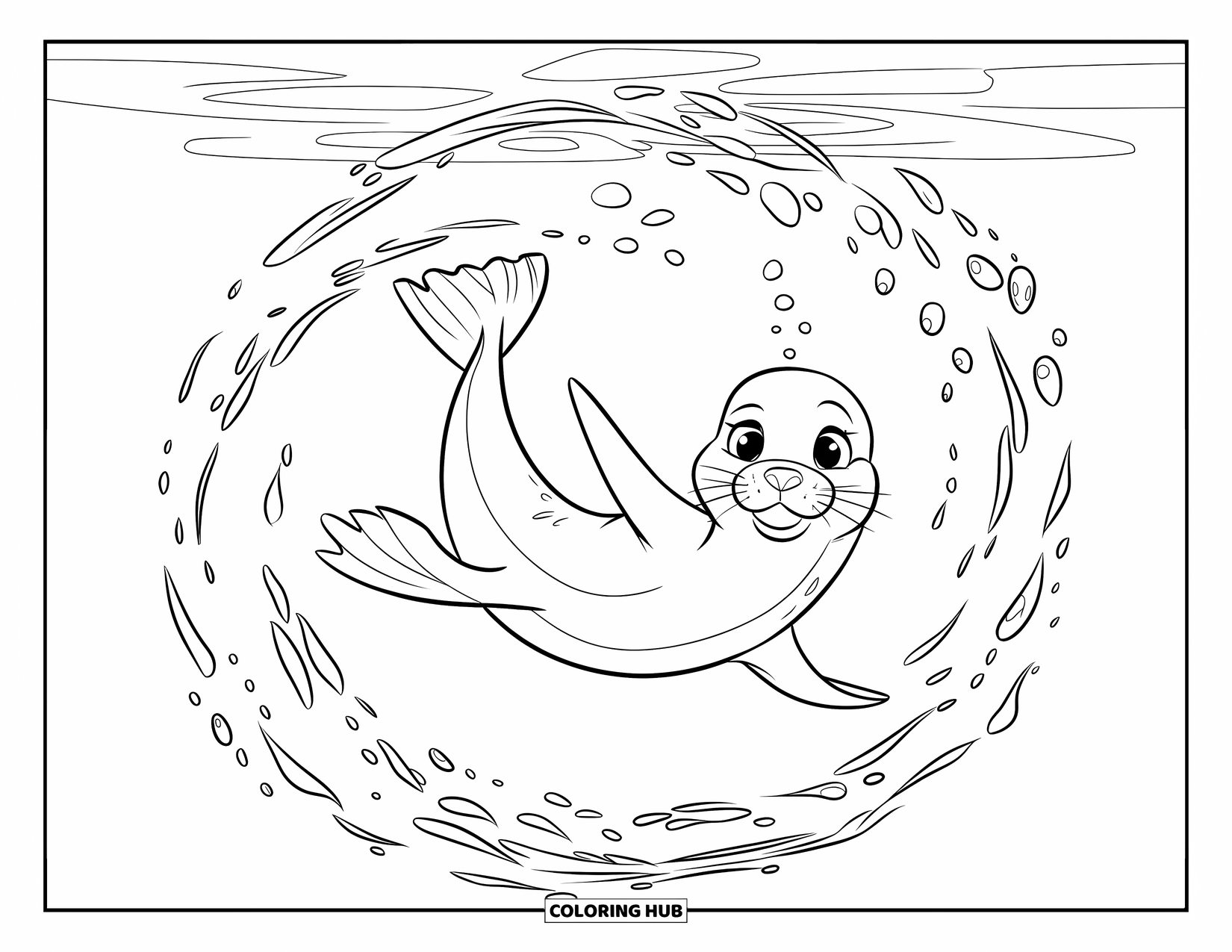 Kolorowanka ze zwierzętami oceanicznymi dla dzieci: Smukła foka skręca pod wodą w spirali bąbelków