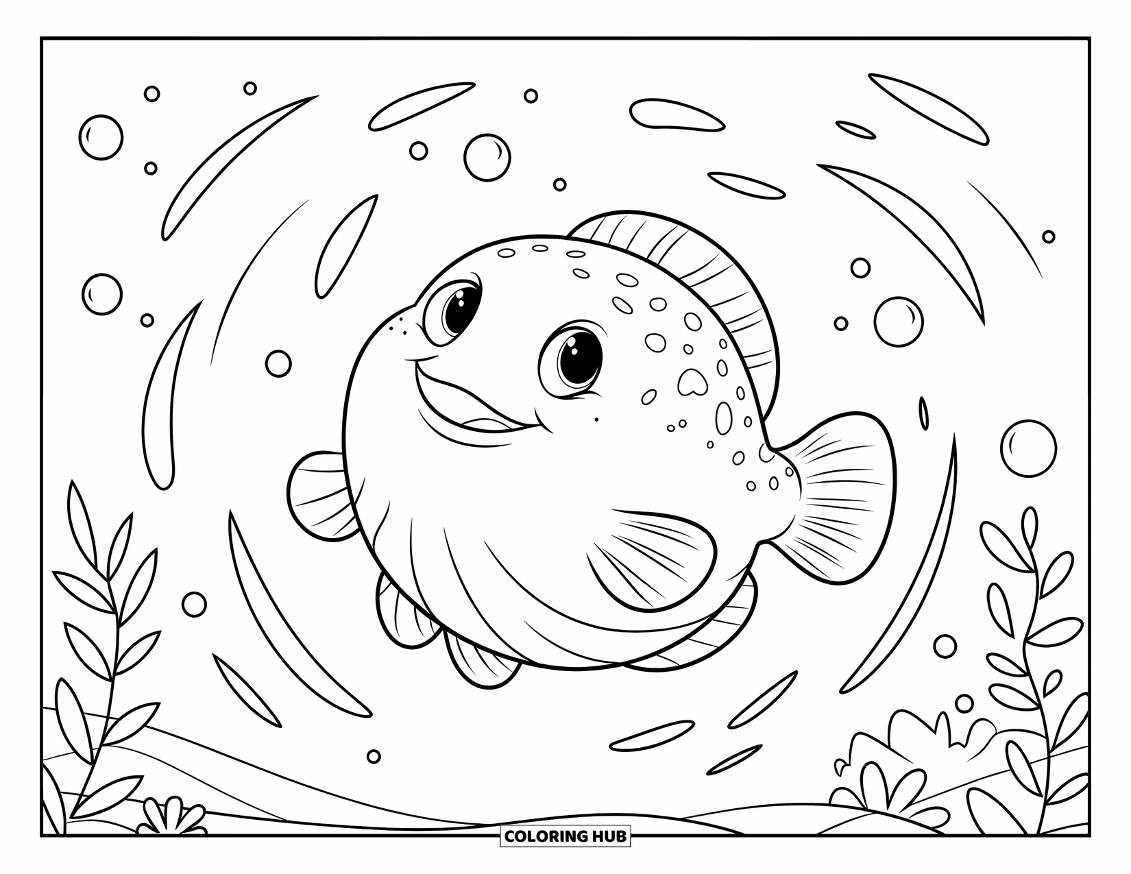 Kolorowanka ze zwierzętami oceanicznymi dla dzieci: Uśmiechnięta rozdymka unosi się w wirującej wodzie w pobliżu wodorostów i bąbelków