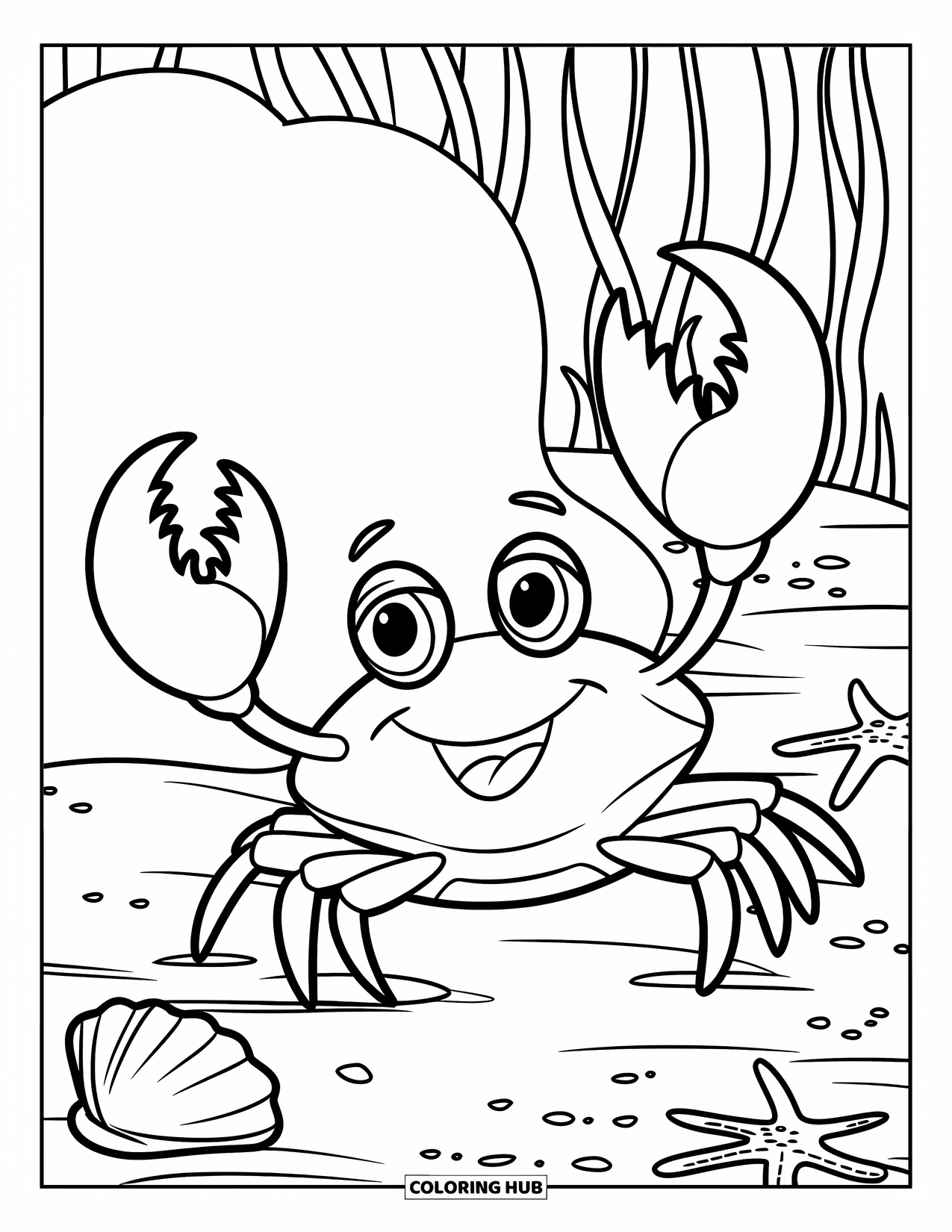 Kolorowanka ze zwierzętami oceanicznymi dla dzieci: Uśmiechnięty krab stoi dumnie w pobliżu muszli i wodorostów