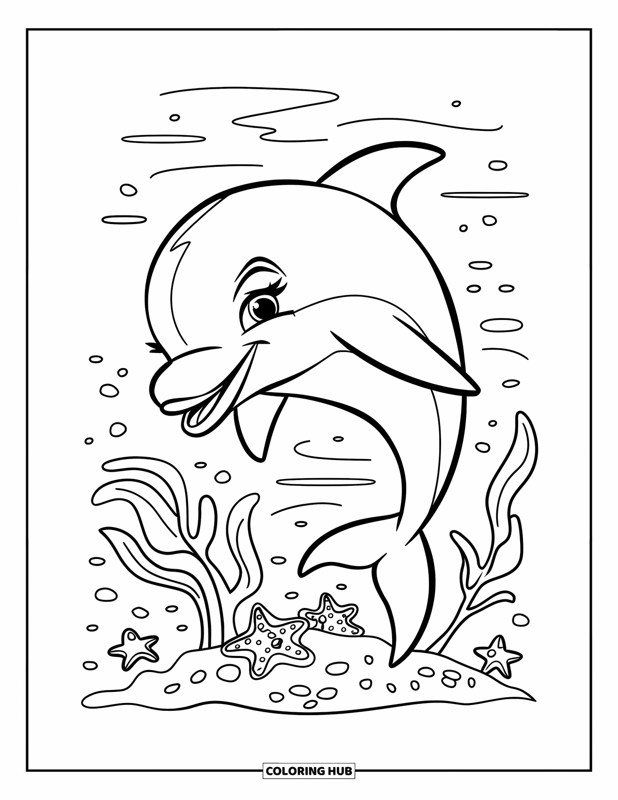 Kolorowanka ze zwierzętami oceanicznymi dla dzieci: Uśmiechnięty delfin skacze obok rafy wypełnionej rozgwiazdami i wodorostami