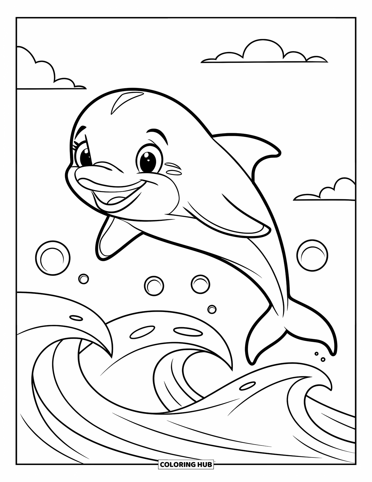 Kolorowanka ze zwierzętami oceanicznymi dla dzieci: Uśmiechnięty delfin skacze przez delikatne fale z bąbelkami unoszącymi się w pobliżu