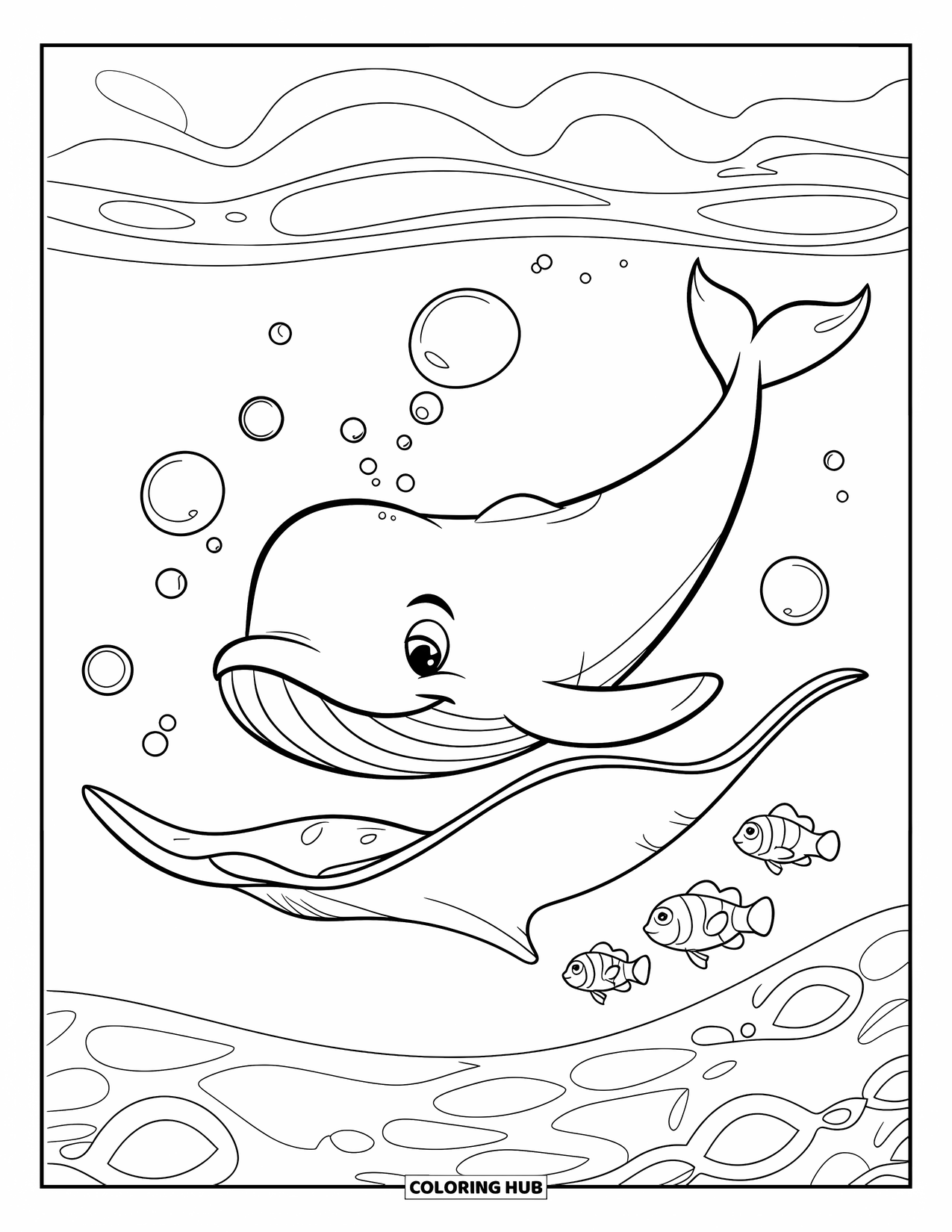 Kolorowanka ze zwierzętami oceanicznymi dla dzieci: Uśmiechnięty wieloryb szybuje z płaszczką i błazenkiem w łagodnym oceanie