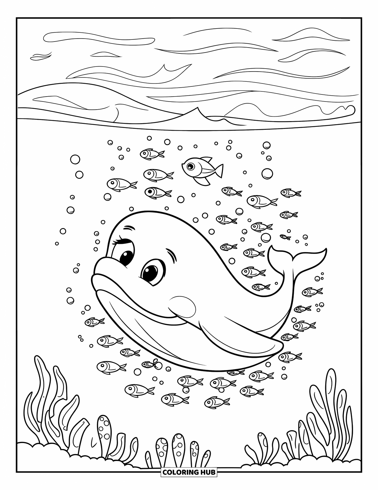 Kolorowanka ze zwierzętami oceanicznymi dla dzieci: Uśmiechnięty wieloryb wynurza się z wirujących ryb z bąbelkami za sobą
