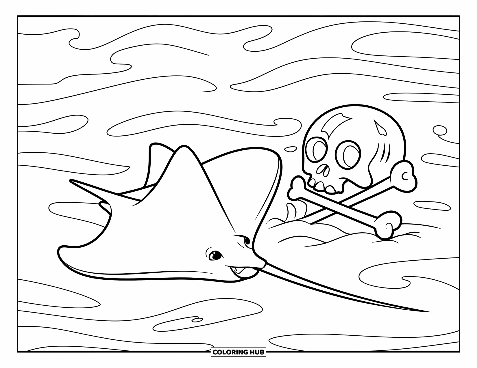 Kolorowanka ze zwierzętami oceanicznymi dla dzieci: Płaszczka szybuje obok wraku statku z symbolem czaszki w piasku