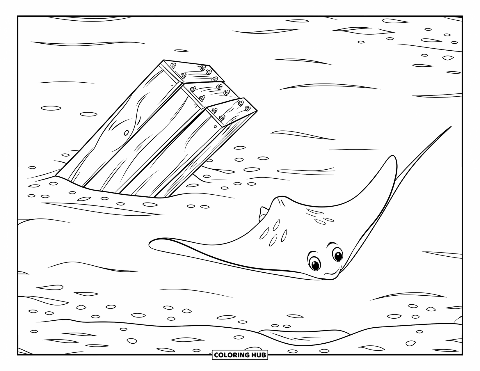 Kolorowanka ze zwierzętami oceanicznymi dla dzieci: Płaszczka przepływa obok zatopionej belki w piasku